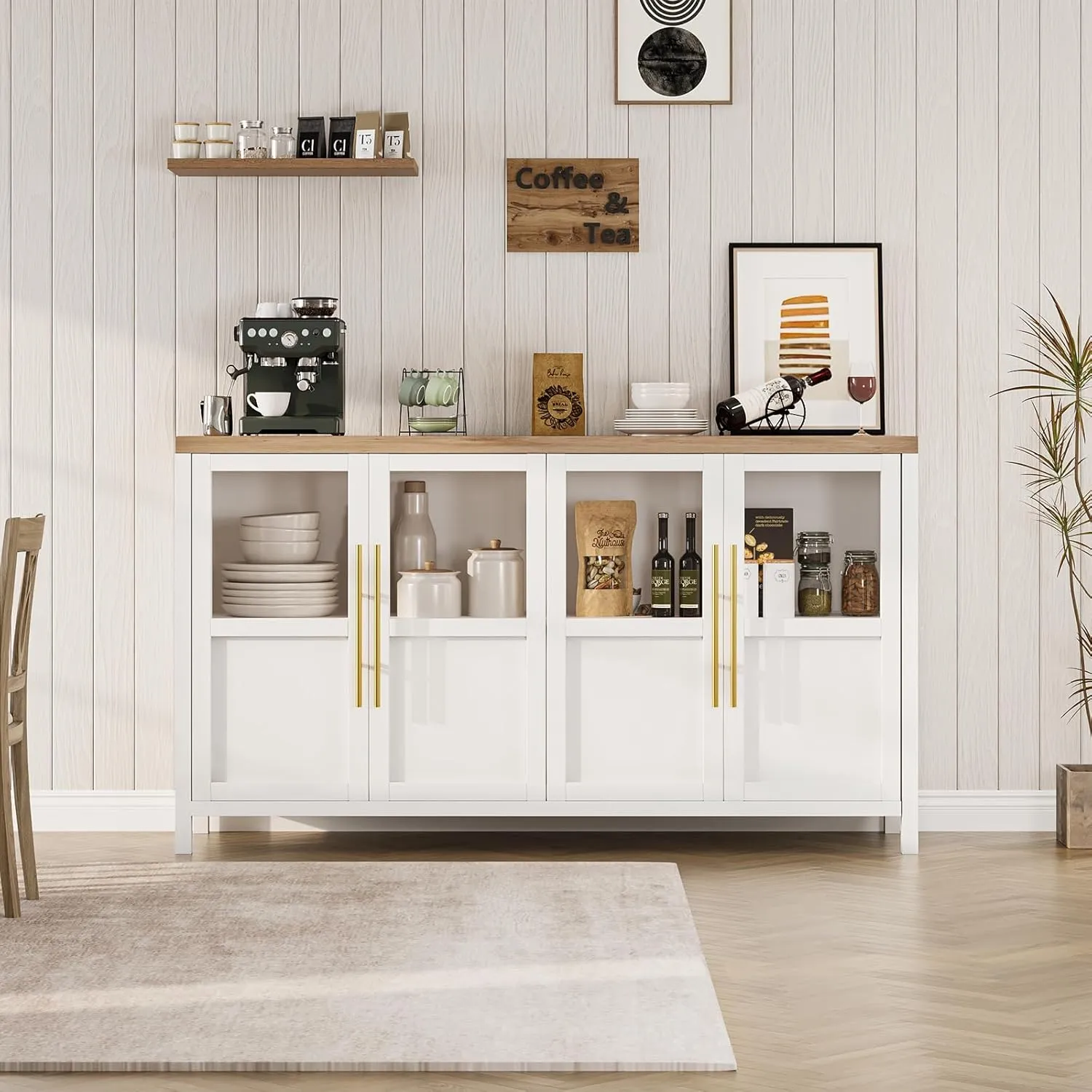 Sideboard Buffet Cabinet with 4 Glass Doors, 55" Large Buffet Cabinet with Storage, Modern Farmhouse Storage Cabinet Table for Kitchen Dining Room, Living Room (Glass with 4 Door, White)