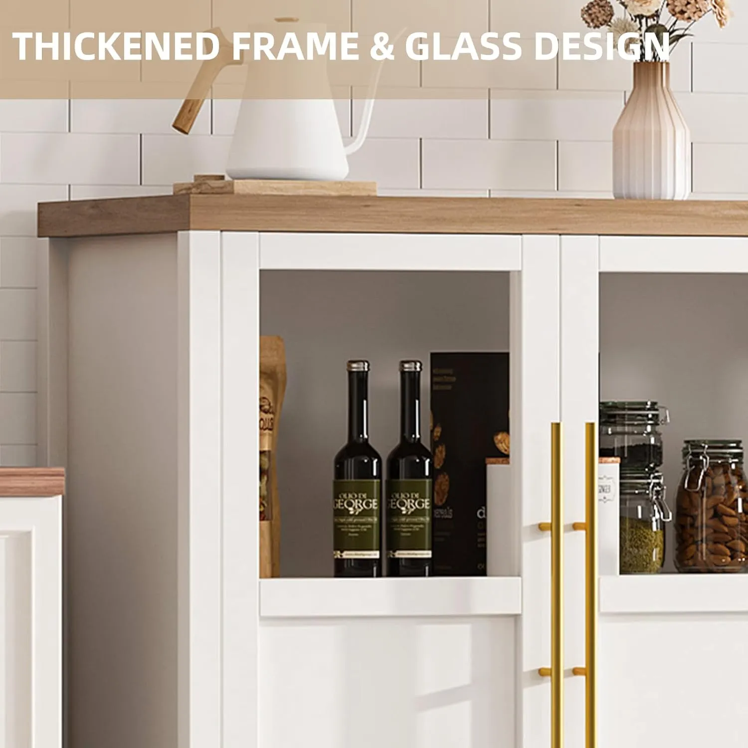 Sideboard Buffet Cabinet with 4 Glass Doors, 55" Large Buffet Cabinet with Storage, Modern Farmhouse Storage Cabinet Table for Kitchen Dining Room, Living Room (Glass with 4 Door, White)