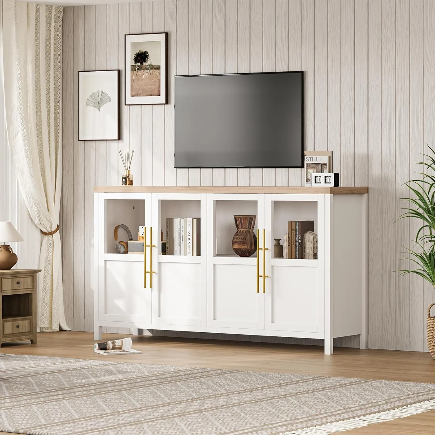 Sideboard Buffet Cabinet with 4 Glass Doors, 55" Large Buffet Cabinet with Storage, Modern Farmhouse Storage Cabinet Table for Kitchen Dining Room, Living Room (Glass with 4 Door, White)