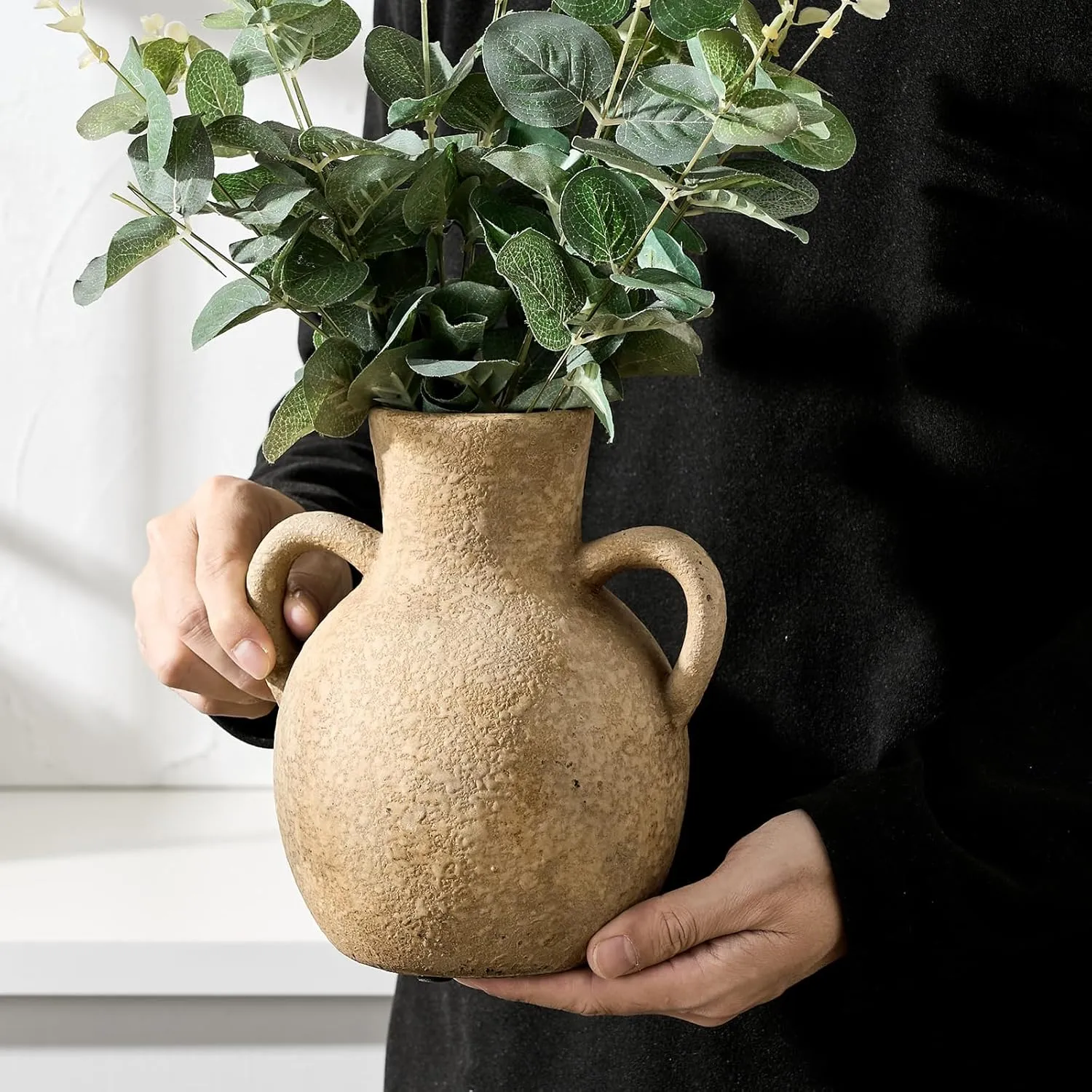 SIDUCAL Rustic Ceramic Farmhouse Flower Vase with 2 Handles, Terracotta Vase, Decorative Pottery Flower for Home Decor, Table, Wedding, Living Room, Shelf Decor, 7.3 Inch, Brown