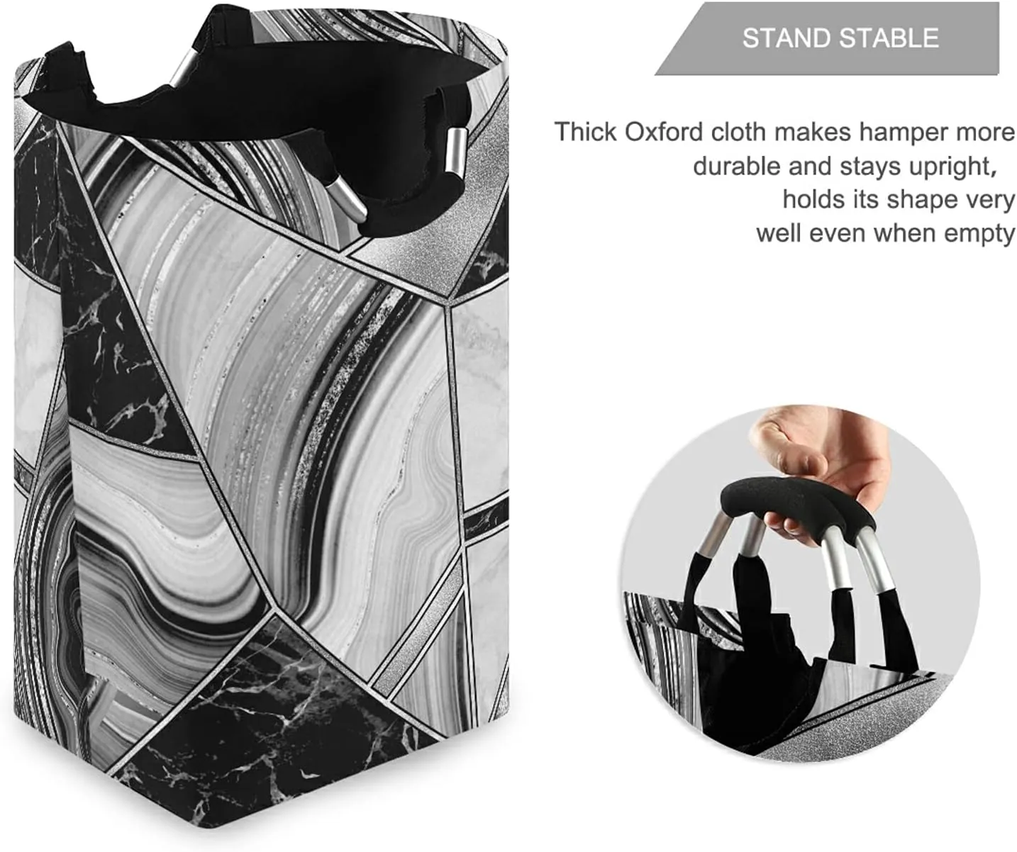 Silver White Lines Marble Granite Agate Black Grey Paint Triangle Tile Laundry Hamper Basket Bucket, Foldable Dirty Clothes Bag, Waterproof Fabric Washing Bin, Toy Storage with Handles for Bathroom