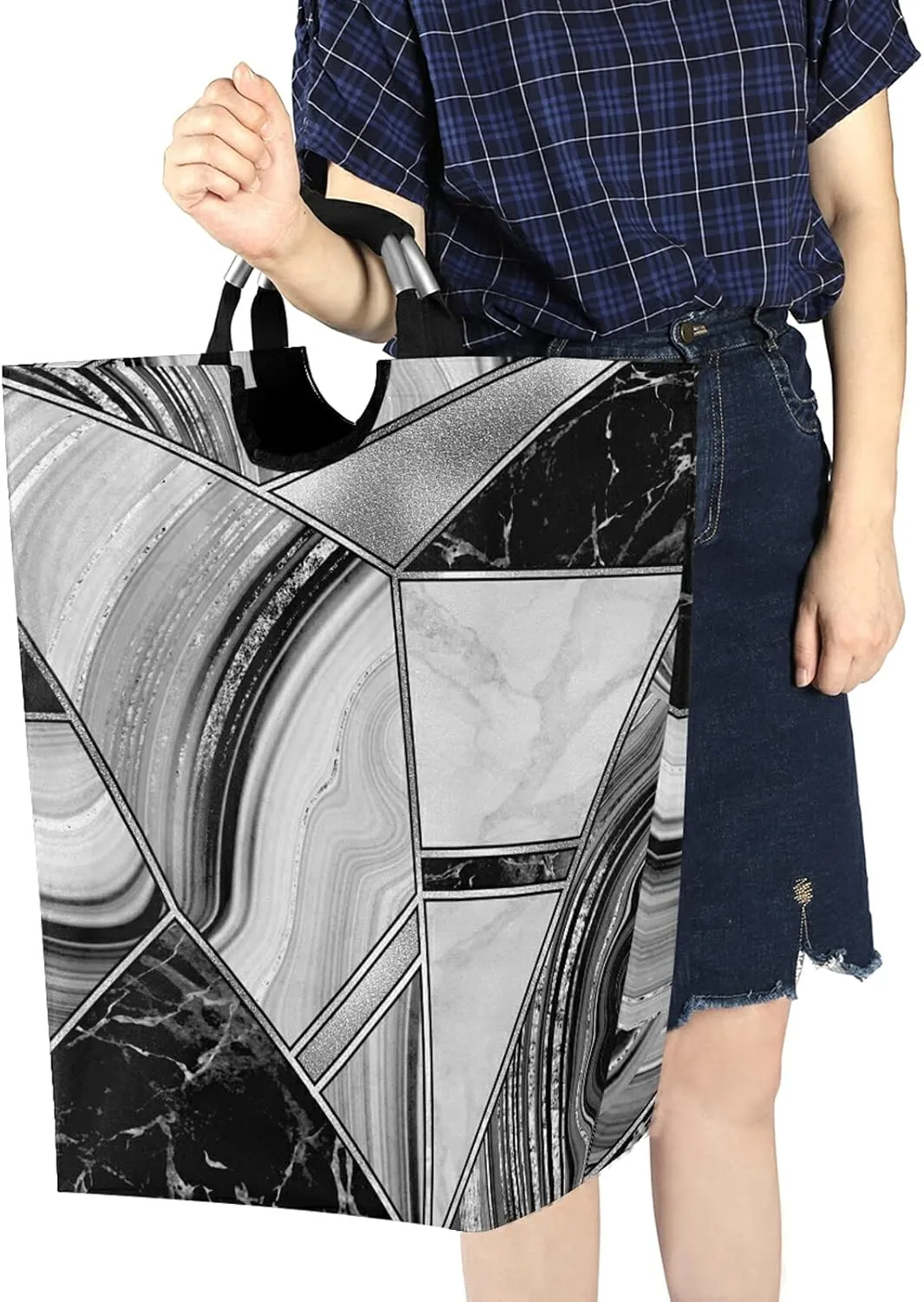 Silver White Lines Marble Granite Agate Black Grey Paint Triangle Tile Laundry Hamper Basket Bucket, Foldable Dirty Clothes Bag, Waterproof Fabric Washing Bin, Toy Storage with Handles for Bathroom