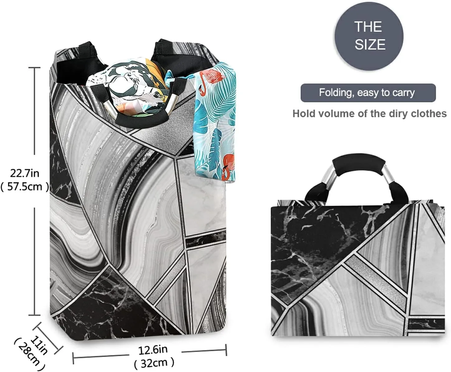Silver White Lines Marble Granite Agate Black Grey Paint Triangle Tile Laundry Hamper Basket Bucket, Foldable Dirty Clothes Bag, Waterproof Fabric Washing Bin, Toy Storage with Handles for Bathroom