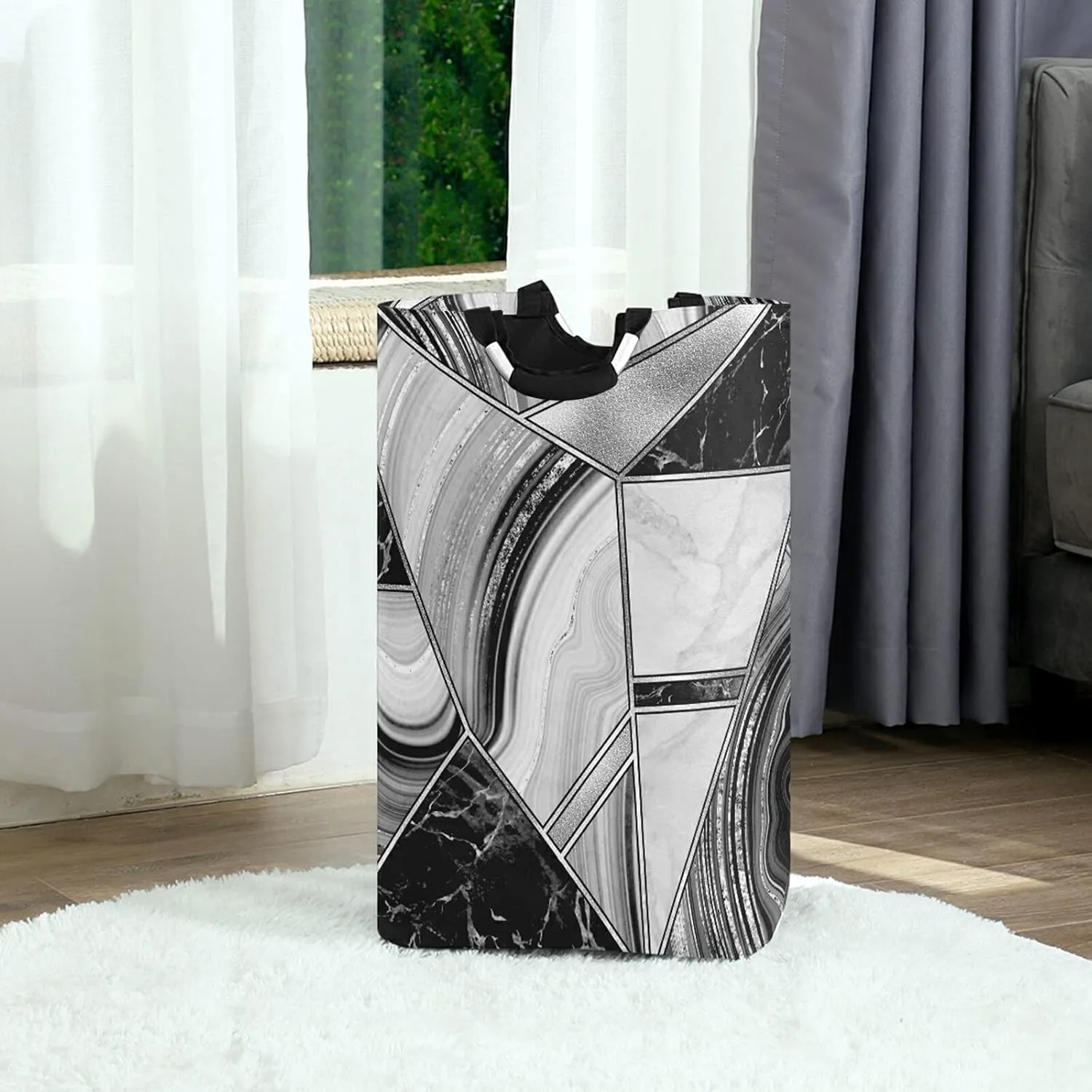 Silver White Lines Marble Granite Agate Black Grey Paint Triangle Tile Laundry Hamper Basket Bucket, Foldable Dirty Clothes Bag, Waterproof Fabric Washing Bin, Toy Storage with Handles for Bathroom
