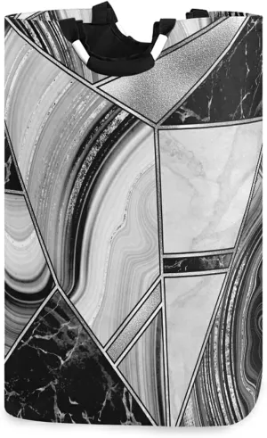 Silver White Lines Marble Granite Agate Black Grey Paint Triangle Tile Laundry Hamper Basket Bucket, Foldable Dirty Clothes Bag, Waterproof Fabric Washing Bin, Toy Storage with Handles for Bathroom