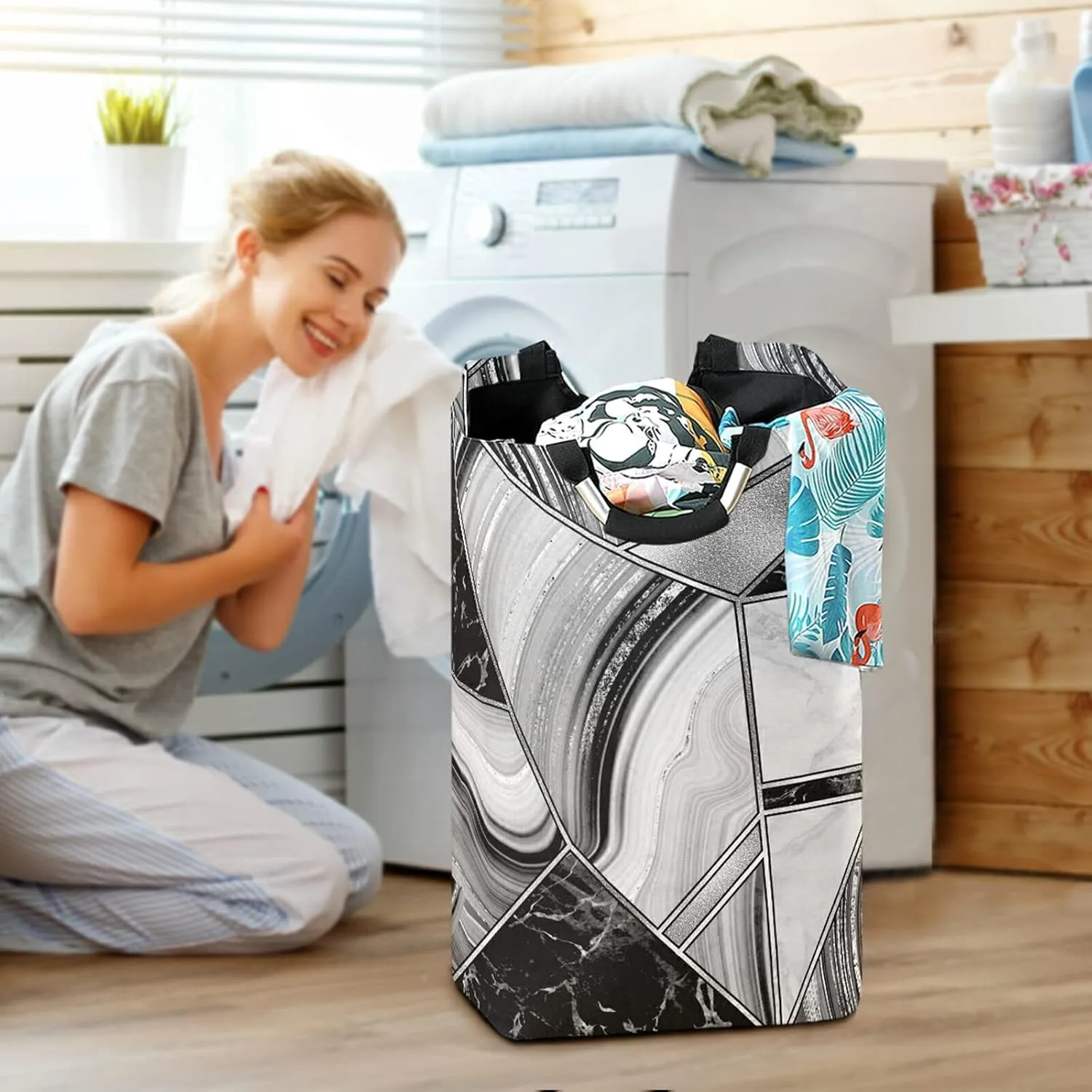 Silver White Lines Marble Granite Agate Black Grey Paint Triangle Tile Laundry Hamper Basket Bucket, Foldable Dirty Clothes Bag, Waterproof Fabric Washing Bin, Toy Storage with Handles for Bathroom