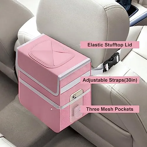Simple Deluxe 2 Pack Car Trash Can with Lid, Leak-Proof Car Garbage Can with Storage Pockets, Collapsible Multipurpose Car Trash Bag for Car Accessories, 2 Gallon, Pink