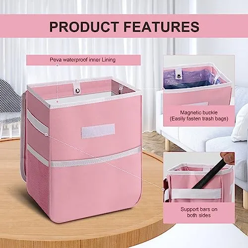 Simple Deluxe 2 Pack Car Trash Can with Lid, Leak-Proof Car Garbage Can with Storage Pockets, Collapsible Multipurpose Car Trash Bag for Car Accessories, 2 Gallon, Pink