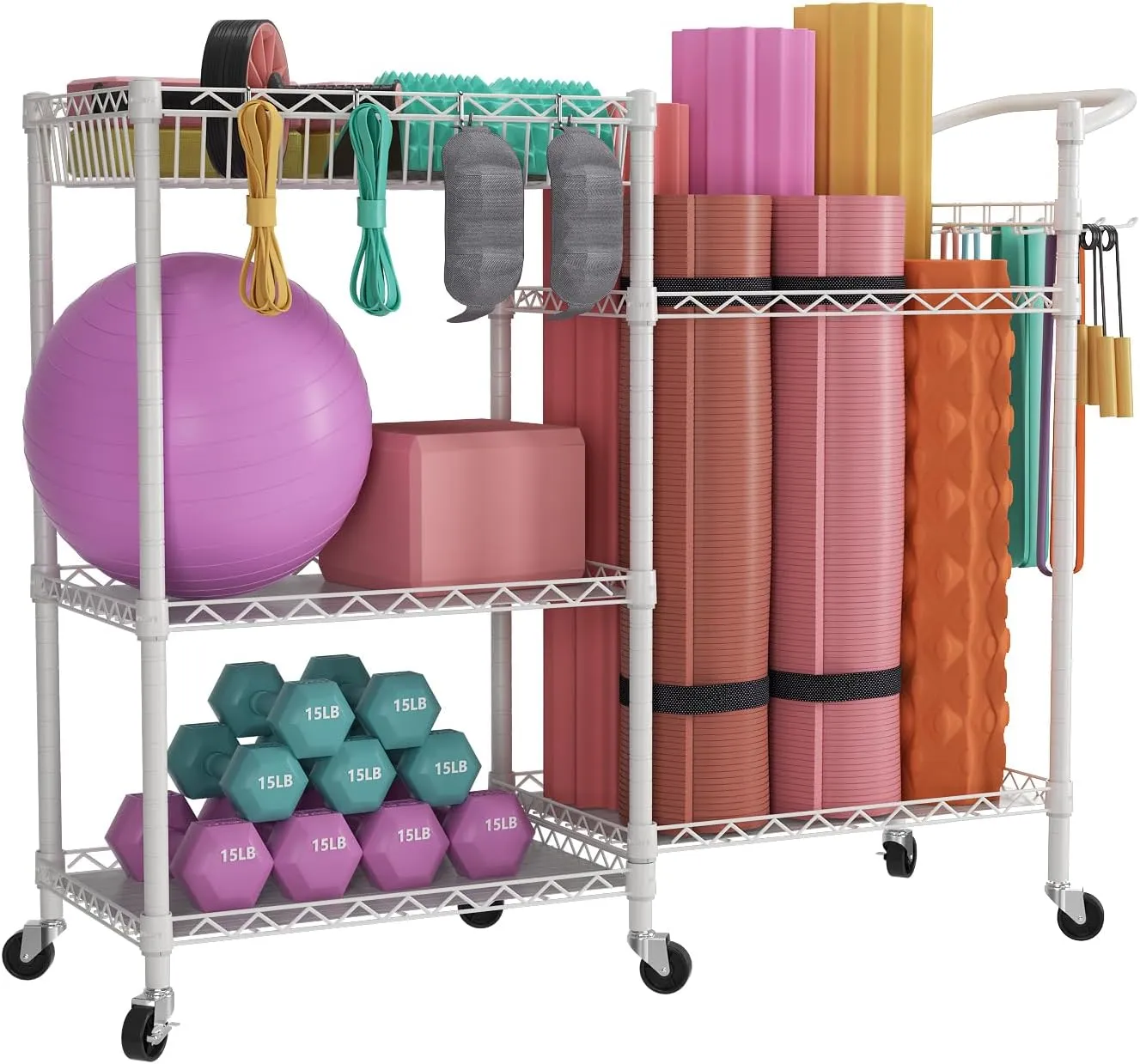 SINGAYE Dumbbell Rack Stand With Yoga Mat Storage, Gym Equipment Organizer, Cart for Workout Room, Home Gym With Hooks and Wheels