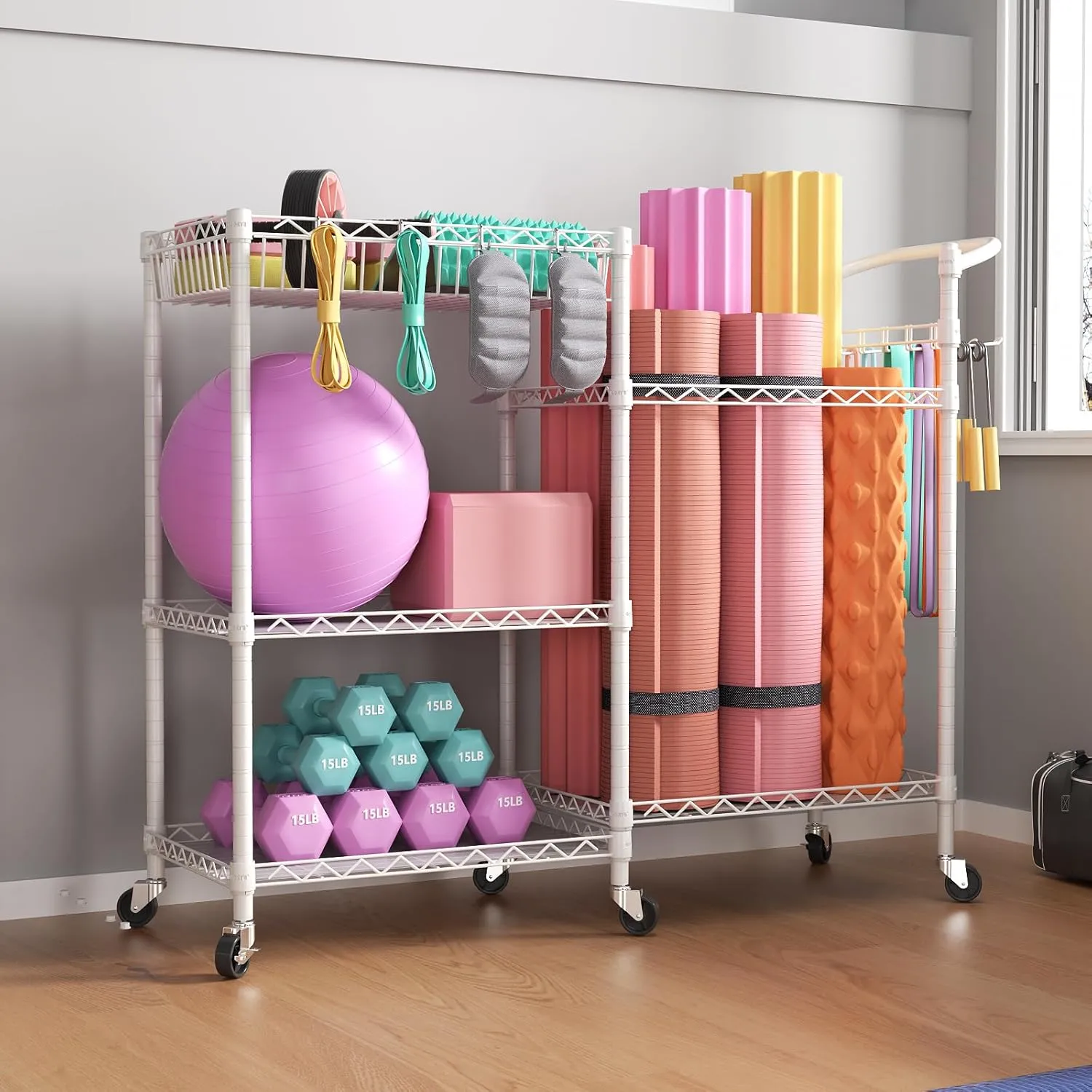 SINGAYE Dumbbell Rack Stand With Yoga Mat Storage, Gym Equipment Organizer, Cart for Workout Room, Home Gym With Hooks and Wheels