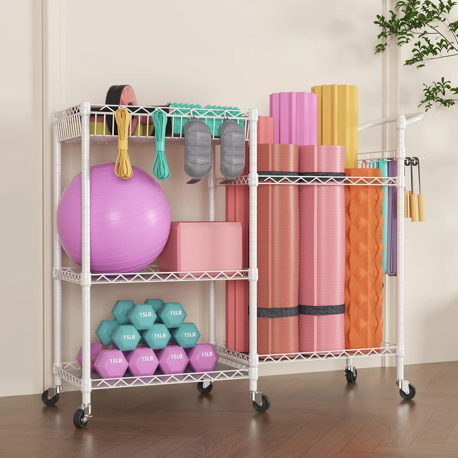 SINGAYE Dumbbell Rack Stand With Yoga Mat Storage, Gym Equipment Organizer, Cart for Workout Room, Home Gym With Hooks and Wheels