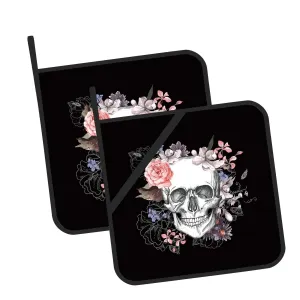 Skull with Flowers Pot Holders Set of 2 Kitchen Heat Resistant Potholder for Microwave Cooking Baking Oven End Dishes and BBQ