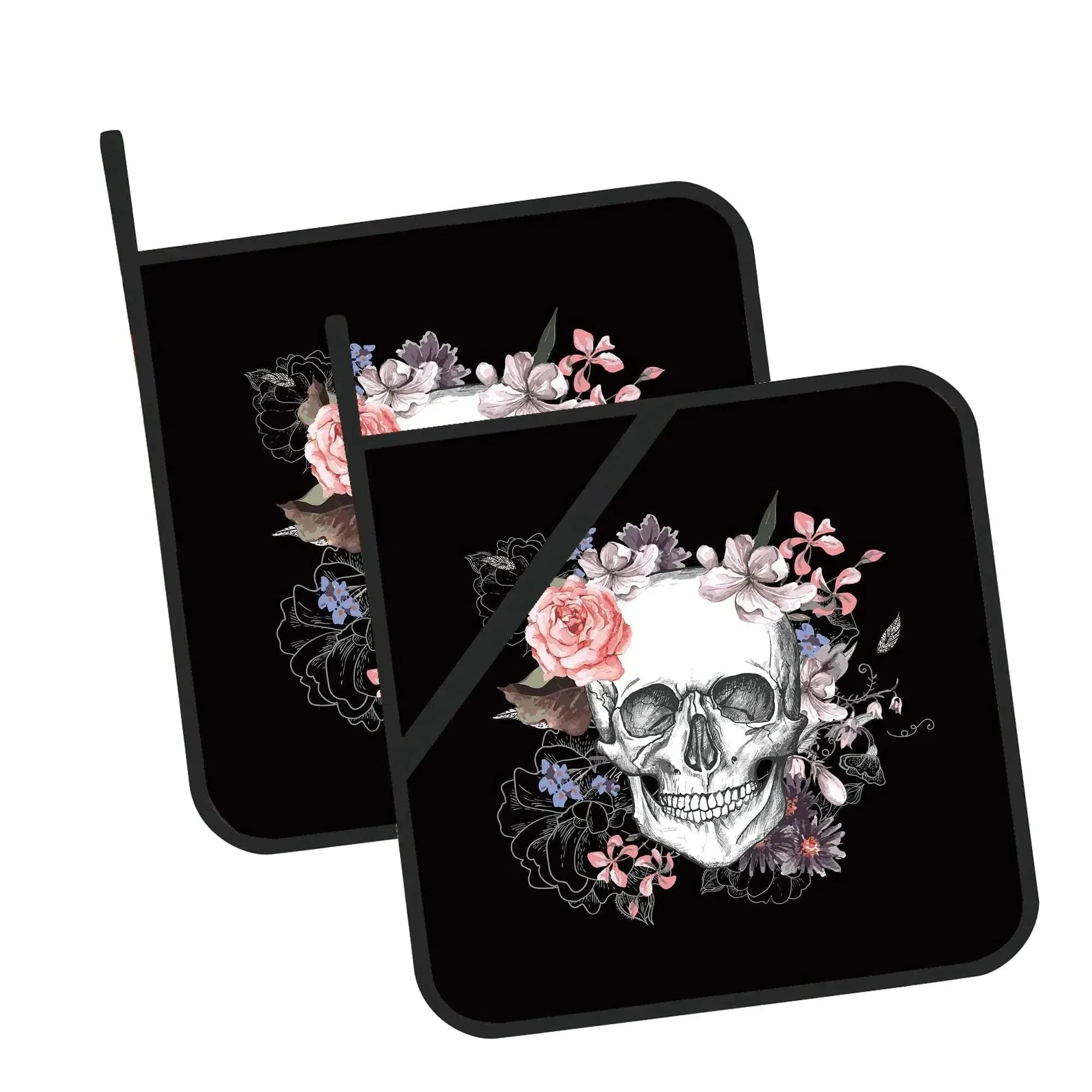 Skull with Flowers Pot Holders Set of 2 Kitchen Heat Resistant Potholder for Microwave Cooking Baking Oven End Dishes and BBQ