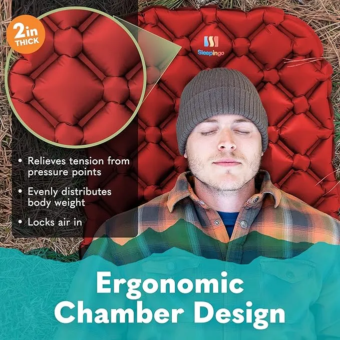 Sleeping Pad for Camping - Ultralight Sleeping Mat for Camping, Backpacking, Hiking - Lightweight, Inflatable Air Mattress - Compact Camping Mats for Sleeping-red with Black back-1pk