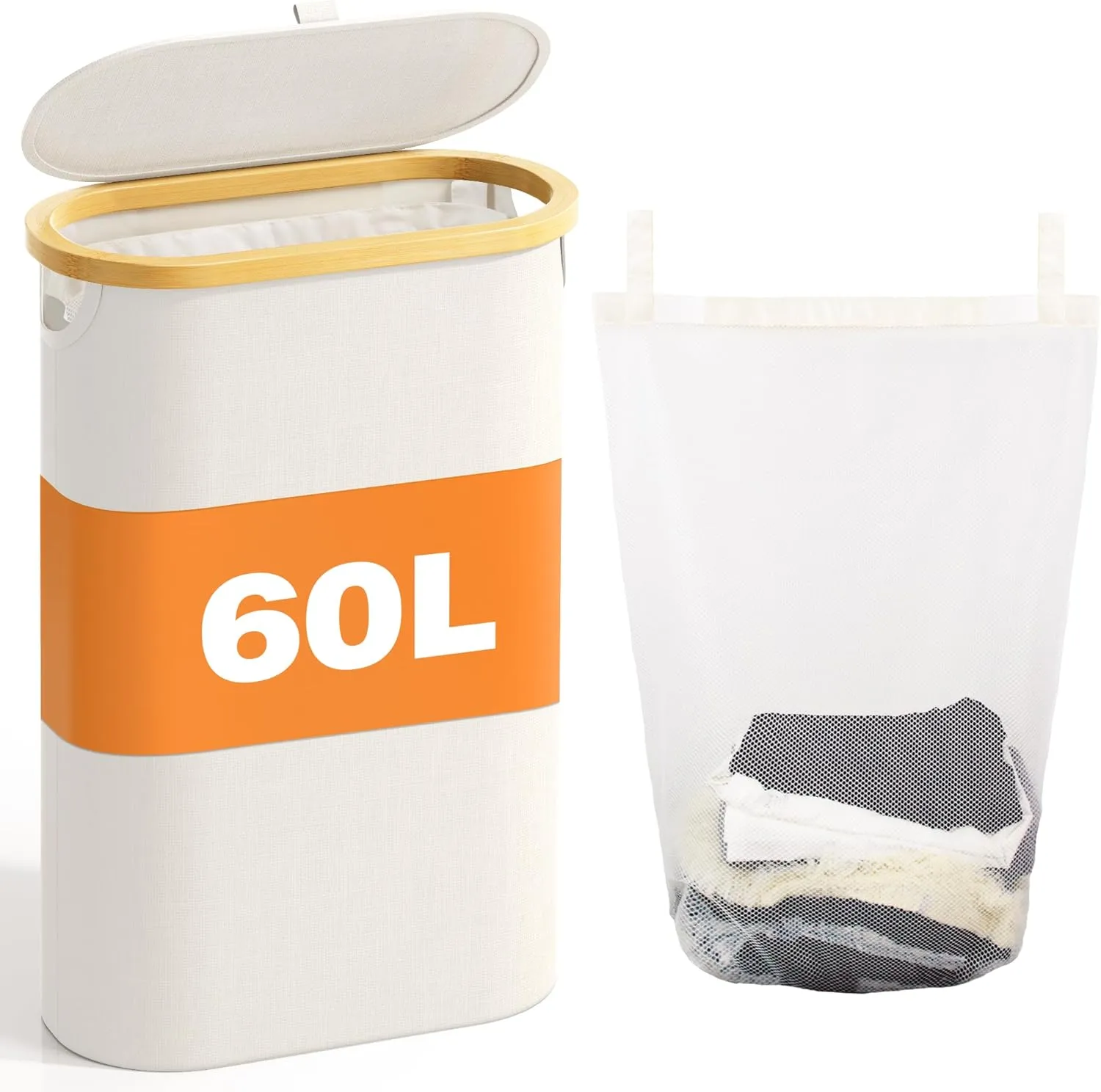 Slim Laundry Hamper with Lid, 60L Small Laundry Basket with Handles&Removable Bag, Thin Dirty Clothes Hampers for Laundry, Narrow Laundry Hampers for Bedroom Aesthetic, Beige