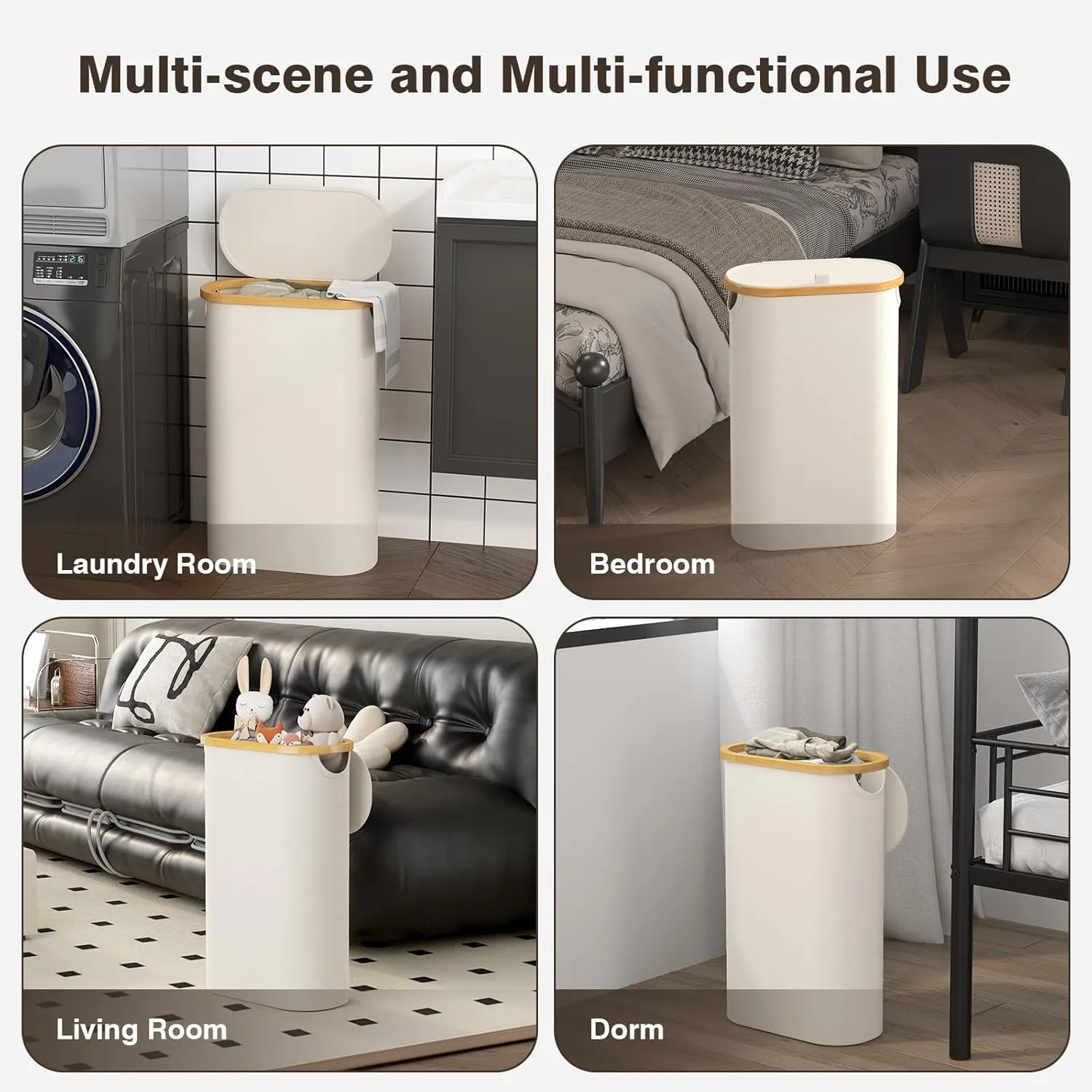 Slim Laundry Hamper with Lid, 60L Small Laundry Basket with Handles&Removable Bag, Thin Dirty Clothes Hampers for Laundry, Narrow Laundry Hampers for Bedroom Aesthetic, Beige