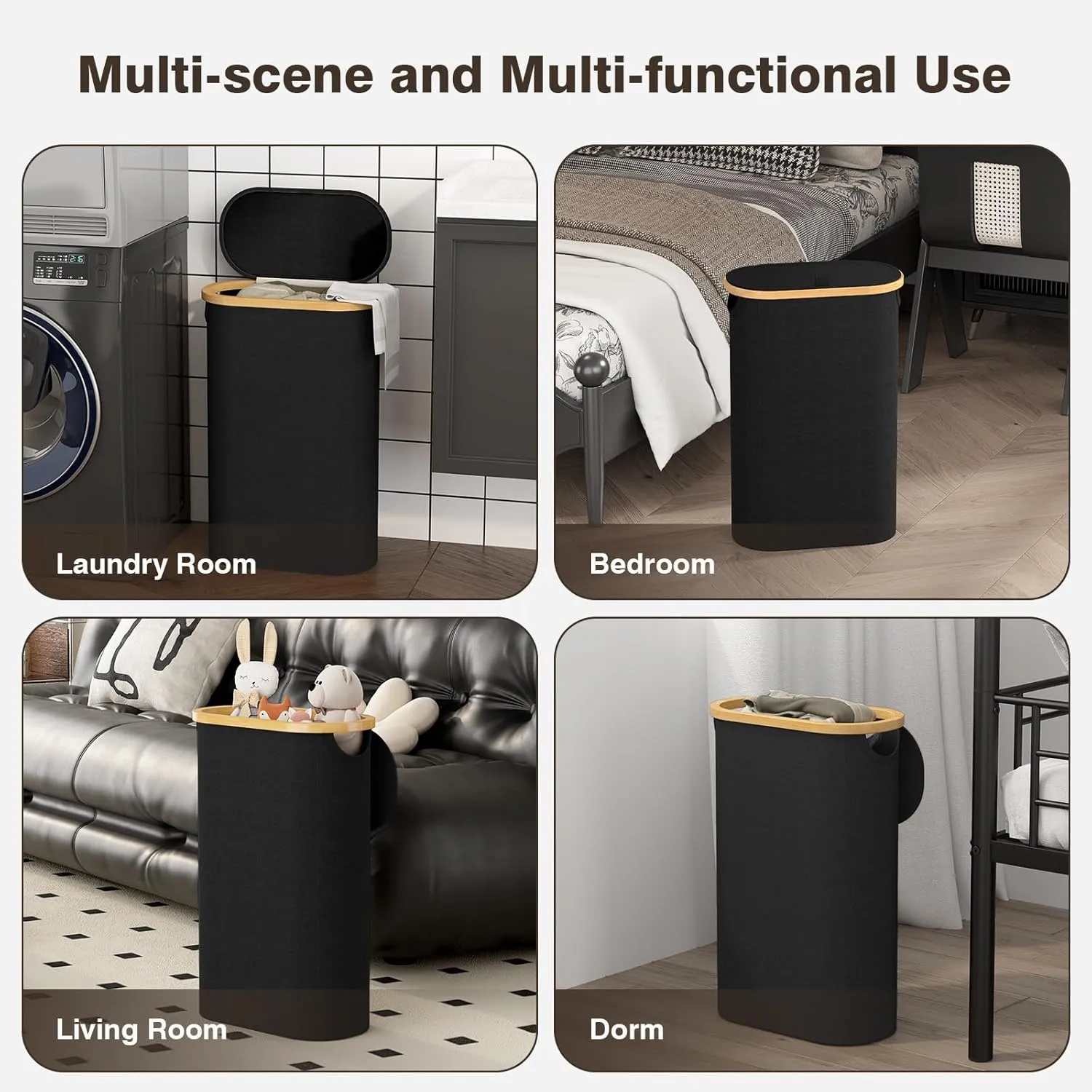 Slim Laundry Hamper with Lid, 60L Small Laundry Basket with Handles&Removable Bag, Thin Dirty Clothes Hampers for Laundry, Narrow Laundry Hampers for Bedroom Aesthetic, Black