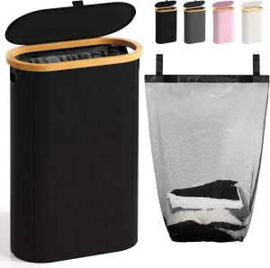 Slim Laundry Hamper with Lid, 60L Small Laundry Basket with Handles&Removable Bag, Thin Dirty Clothes Hampers for Laundry, Narrow Laundry Hampers for Bedroom Aesthetic, Black