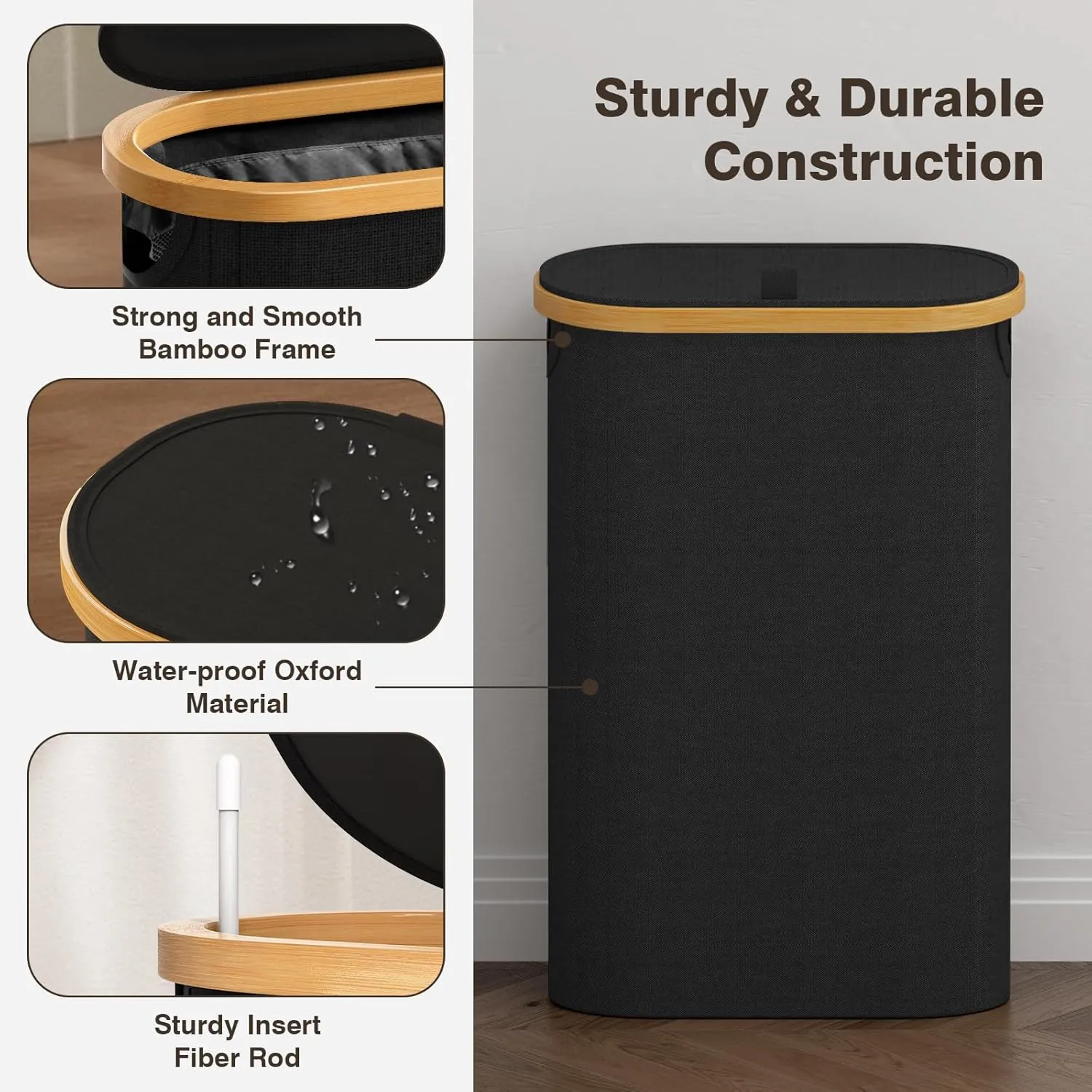 Slim Laundry Hamper with Lid, 60L Small Laundry Basket with Handles&Removable Bag, Thin Dirty Clothes Hampers for Laundry, Narrow Laundry Hampers for Bedroom Aesthetic, Black
