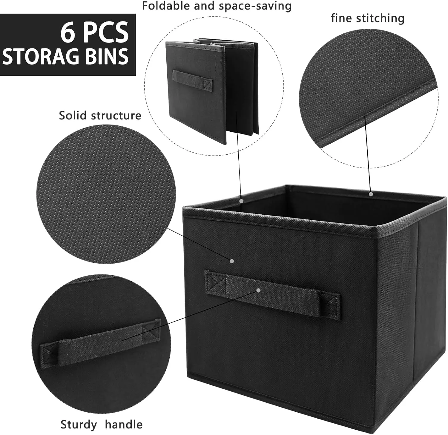Small Storage Bins[6 Pack] 9.0"x7.5"x7.5" Small Size Fabirc Foldable Closet Toy Organizer Collapsible Cloth Black