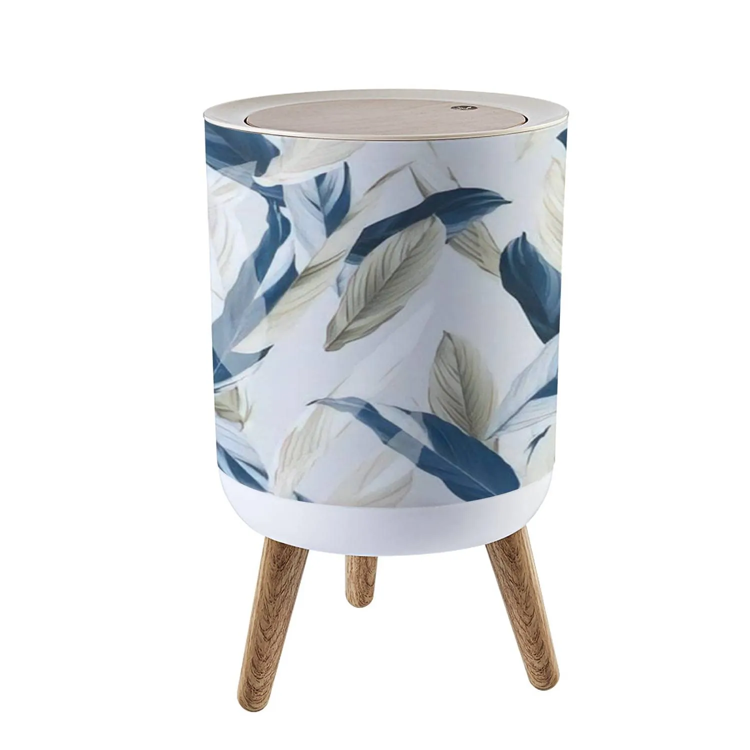 Small Trash Can with Lid Foliage seamless heliconia Ctenanthe oppenheimiana plant in blue and Garbage Bin Wood Waste Bin Press Cover Round Wastebasket for Bathroom Bedroom Diaper Office Kitchen