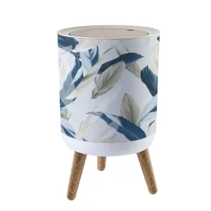 Small Trash Can with Lid Foliage seamless heliconia Ctenanthe oppenheimiana plant in blue and Garbage Bin Wood Waste Bin Press Cover Round Wastebasket for Bathroom Bedroom Diaper Office Kitchen
