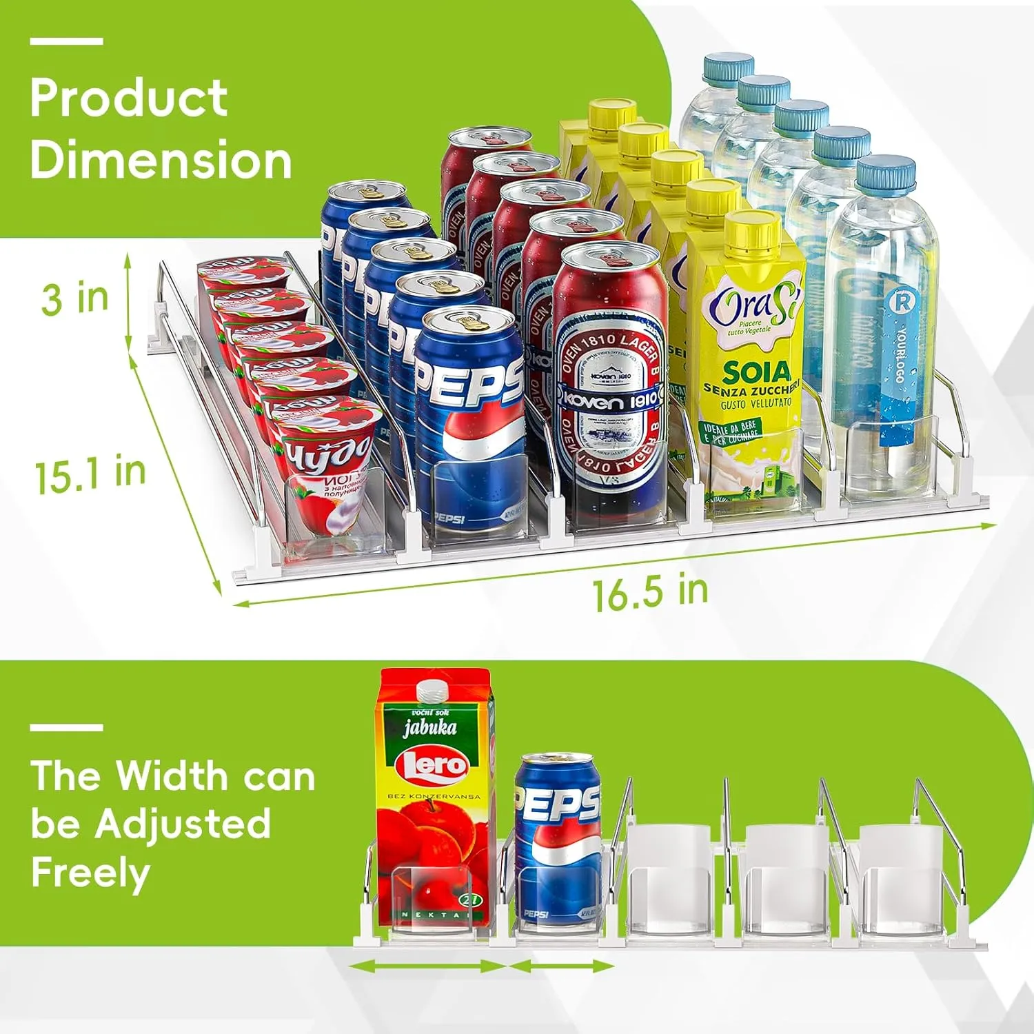 Soda Can Dispenser for Refrigerator,Self-Pushing Drink Organizer for Fridge, Width Adjustable Fridge Organization, Beer Pop Can Water Bottle Drink Dispenser for Fridge (15.1" D) White (5 Row, White)