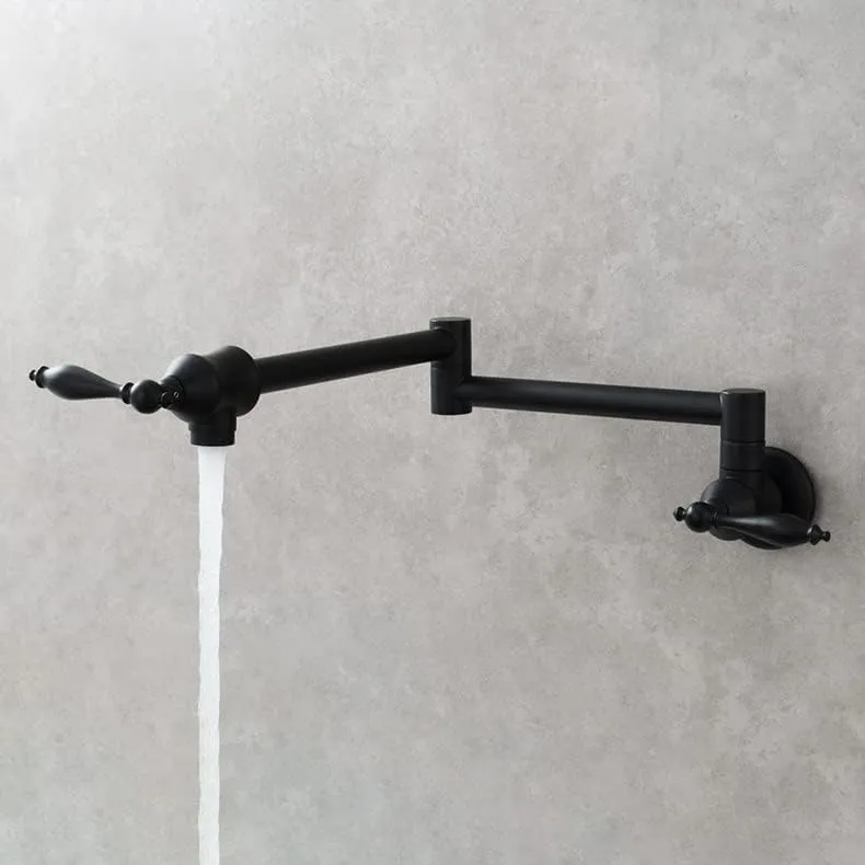 Solid Brass Antique Wall Mounted Folding Faucet Double Switch Foldable Kitchen Sink Pot Filler Faucet Black (Dual Function Nozzle)