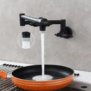 Solid Brass Antique Wall Mounted Folding Faucet Double Switch Foldable Kitchen Sink Pot Filler Faucet Black (Dual Function Nozzle)
