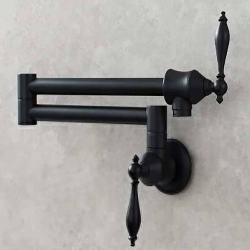 Solid Brass Antique Wall Mounted Folding Faucet Double Switch Foldable Kitchen Sink Pot Filler Faucet Black (Dual Function Nozzle)