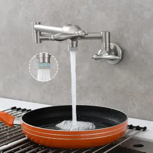 Solid Brass Antique Wall Mounted Folding Faucet Double Switch Foldable Kitchen Sink Pot Filler Faucet Brushed Nickel (Dual Function Nozzle)