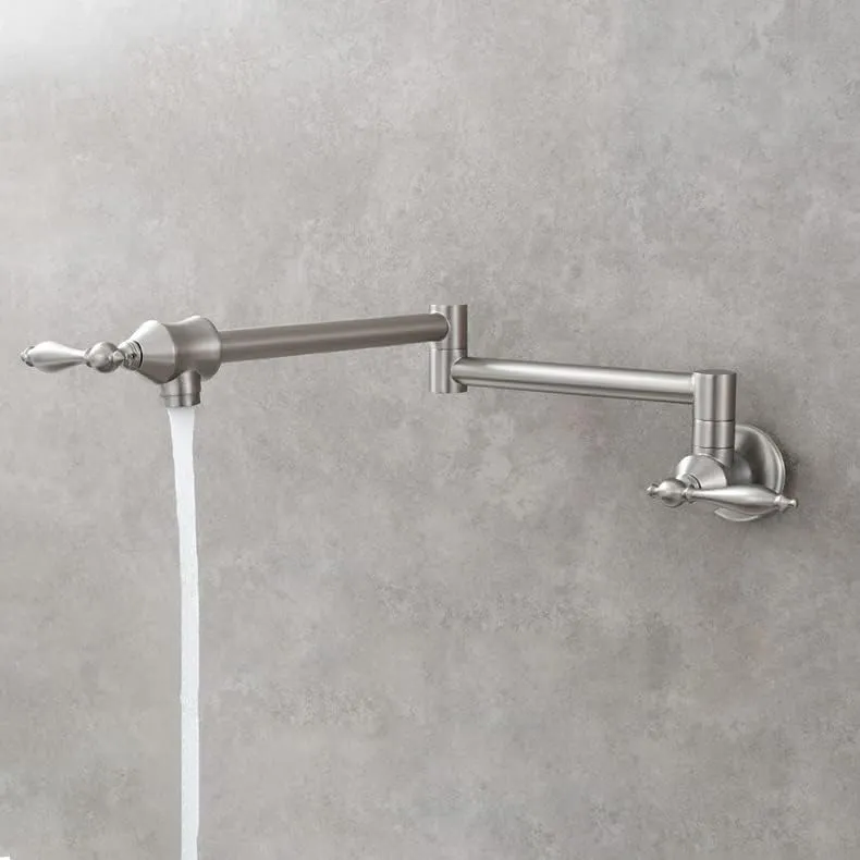 Solid Brass Antique Wall Mounted Folding Faucet Double Switch Foldable Kitchen Sink Pot Filler Faucet Brushed Nickel