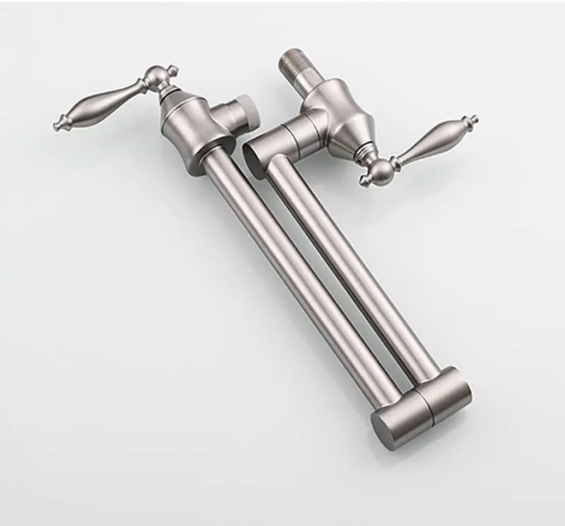 Solid Brass Antique Wall Mounted Folding Faucet Double Switch Foldable Kitchen Sink Pot Filler Faucet Brushed Nickel