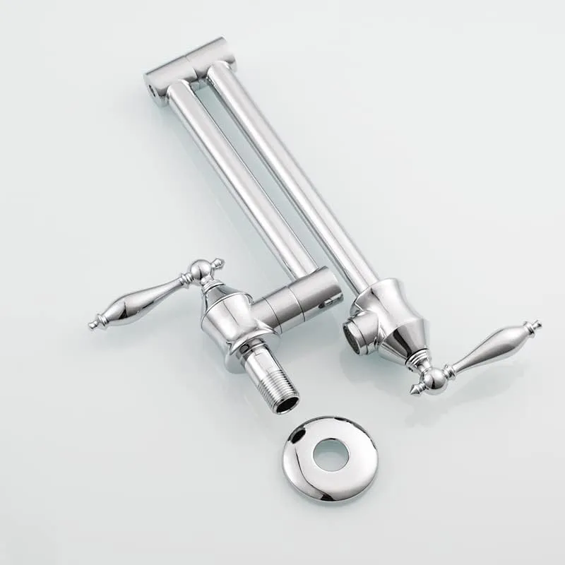 Solid Brass Antique Wall Mounted Folding Faucet Double Switch Foldable Kitchen Sink Pot Filler Faucet Brushed Nickel