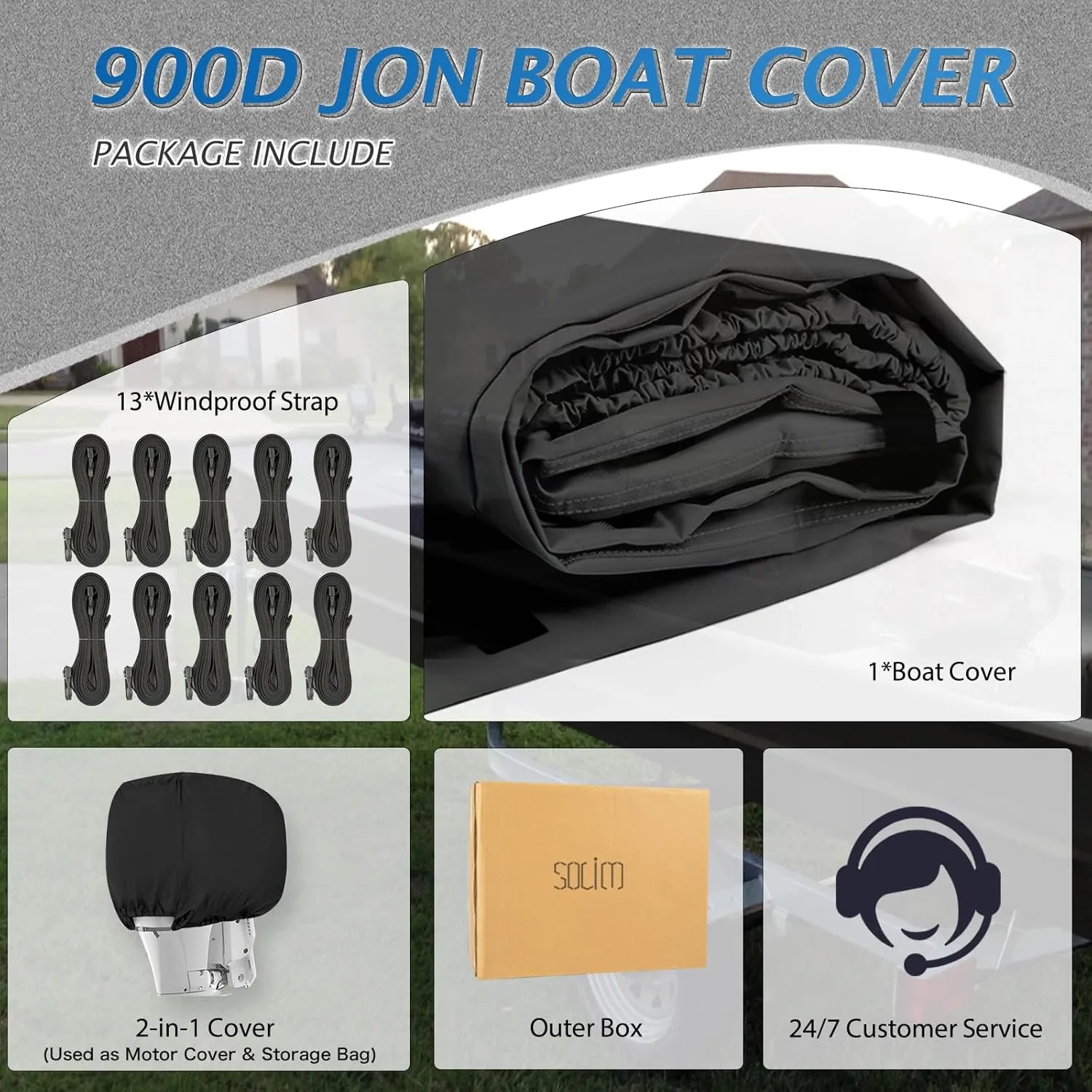 Solim 16FT Jon Boat Cover with Motor Cover, 900D PU Waterproof Heavy Duty Mooring Cover, Trailerable Marine Grade Polyester Canvas Replacement for Jon Boat 16' Long Beam Width Up to 75 in, Black