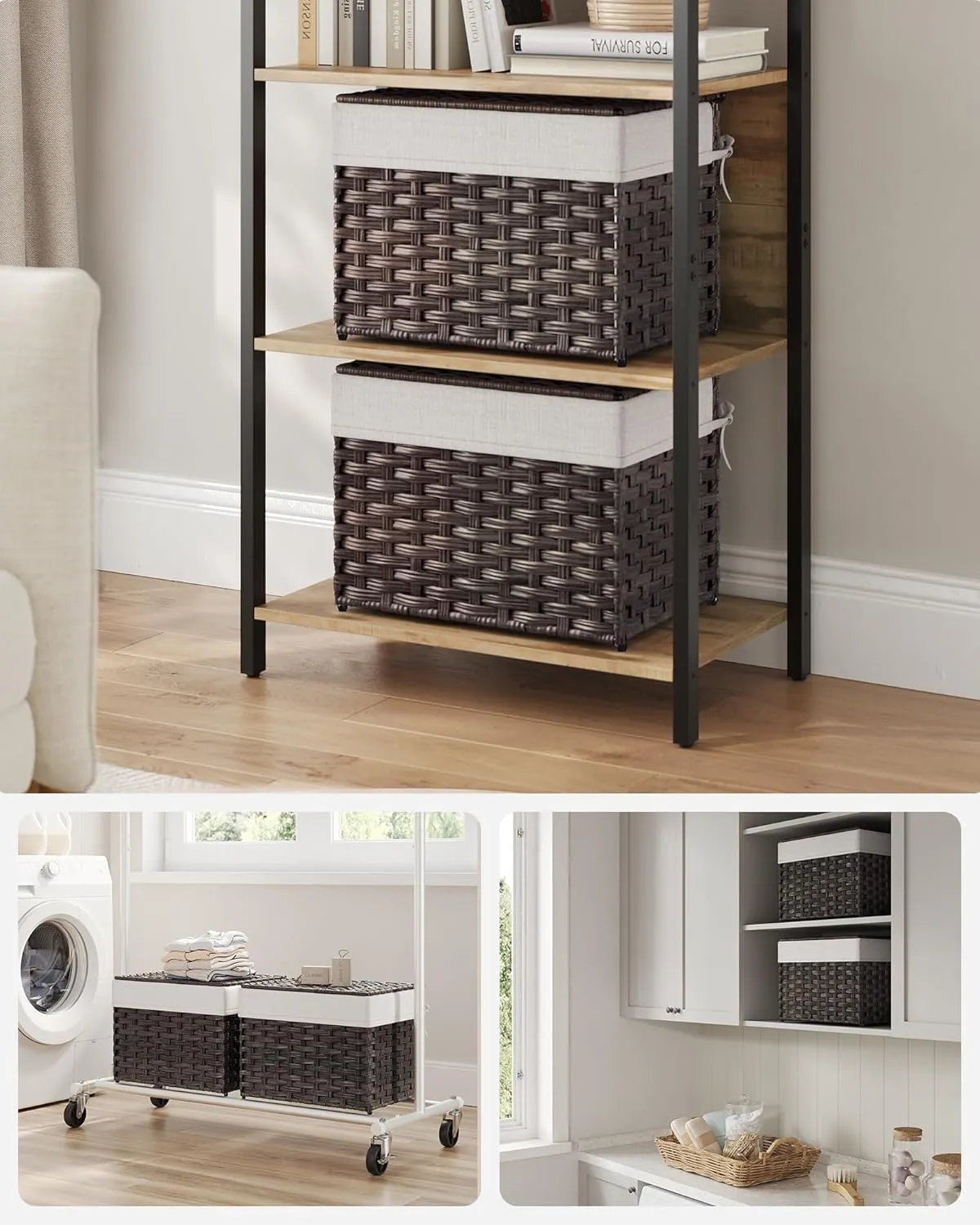 SONGMICS Storage Basket with Lid, 9.2 Gallon (35L) Storage Bin, Woven Blanket Storage Basket with Handles, Foldable, Removable Liner, Metal Frame, for Bedroom, Laundry Room, Brown URST040K01