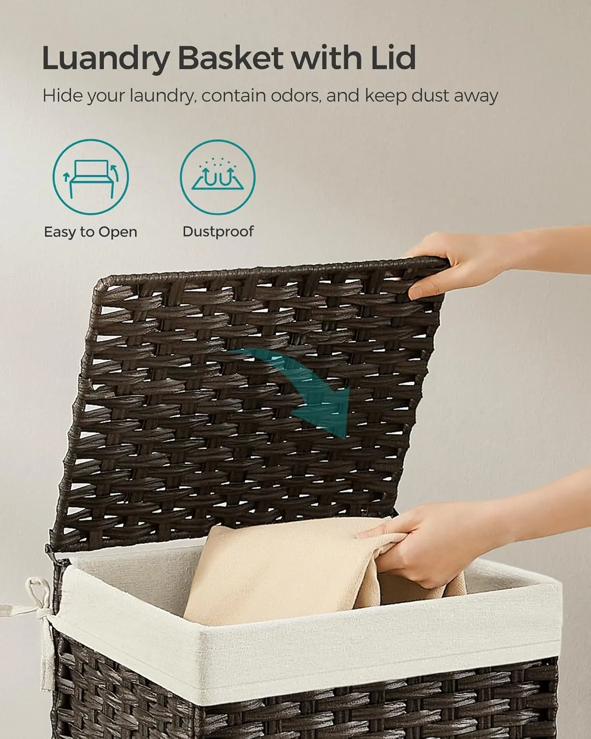 SONGMICS Storage Basket with Lid, 9.2 Gallon (35L) Storage Bin, Woven Blanket Storage Basket with Handles, Foldable, Removable Liner, Metal Frame, for Bedroom, Laundry Room, Brown URST040K01