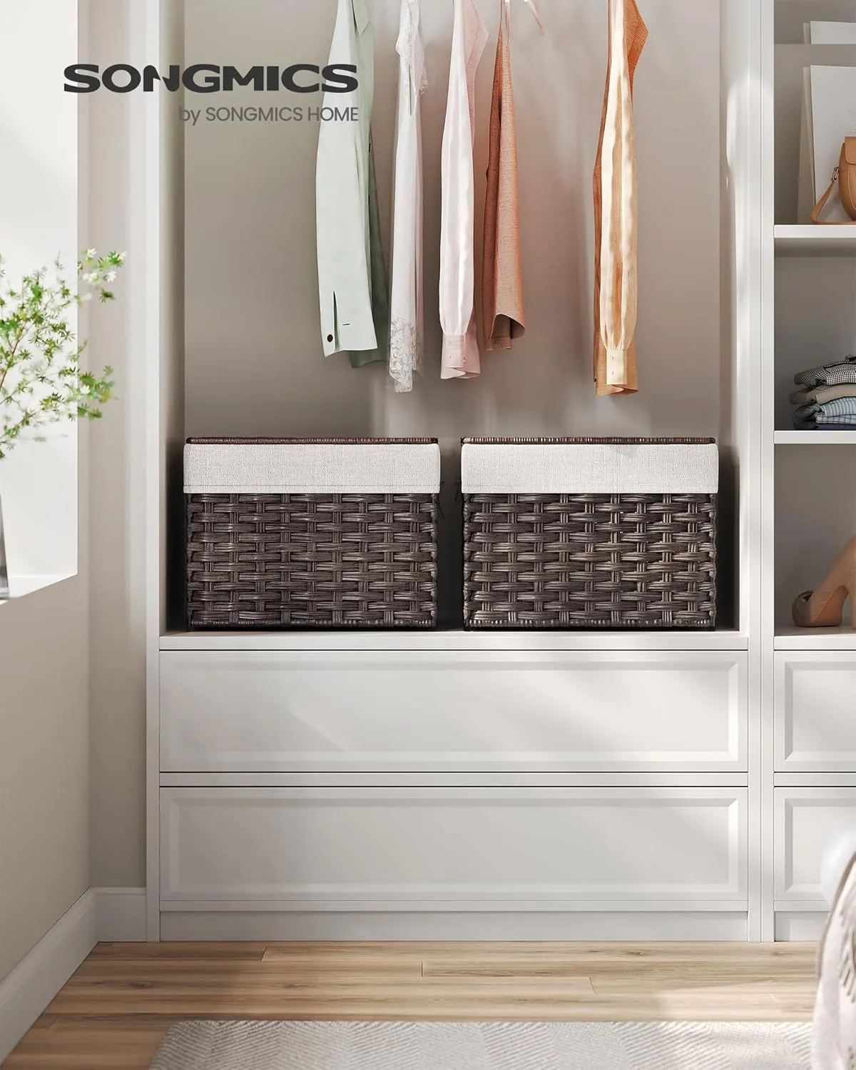 SONGMICS Storage Basket with Lid, 9.2 Gallon (35L) Storage Bin, Woven Blanket Storage Basket with Handles, Foldable, Removable Liner, Metal Frame, for Bedroom, Laundry Room, Brown URST040K01