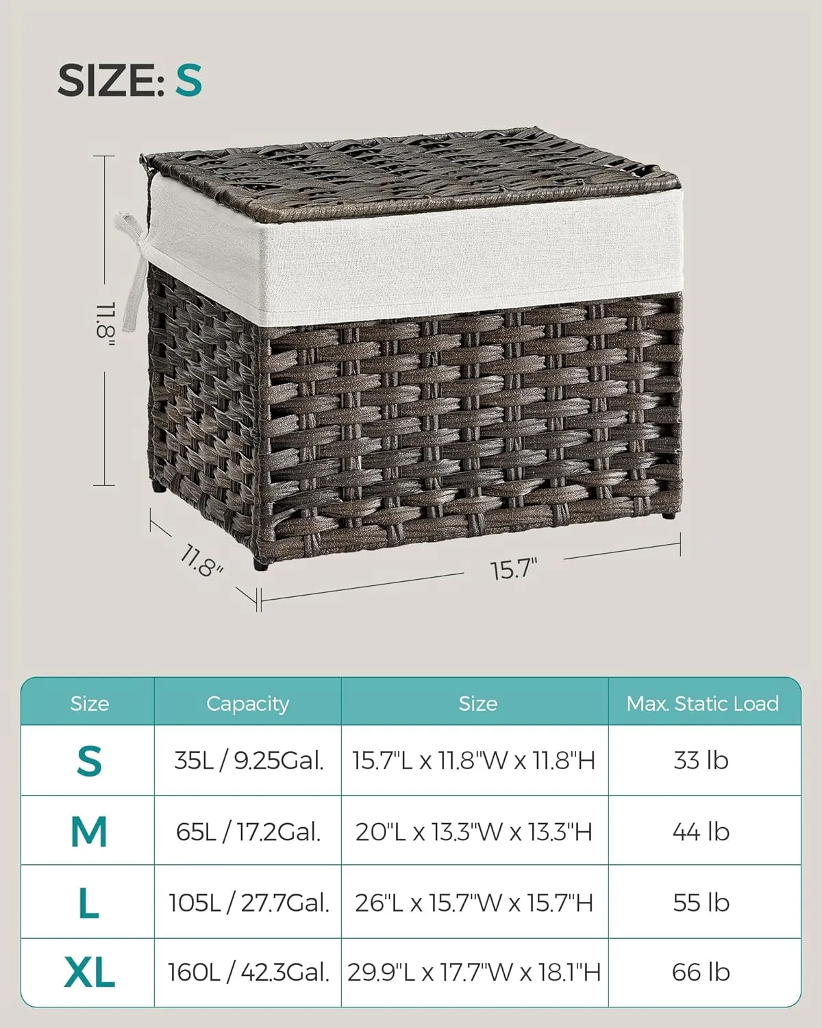 SONGMICS Storage Basket with Lid, 9.2 Gallon (35L) Storage Bin, Woven Blanket Storage Basket with Handles, Foldable, Removable Liner, Metal Frame, for Bedroom, Laundry Room, Brown URST040K01
