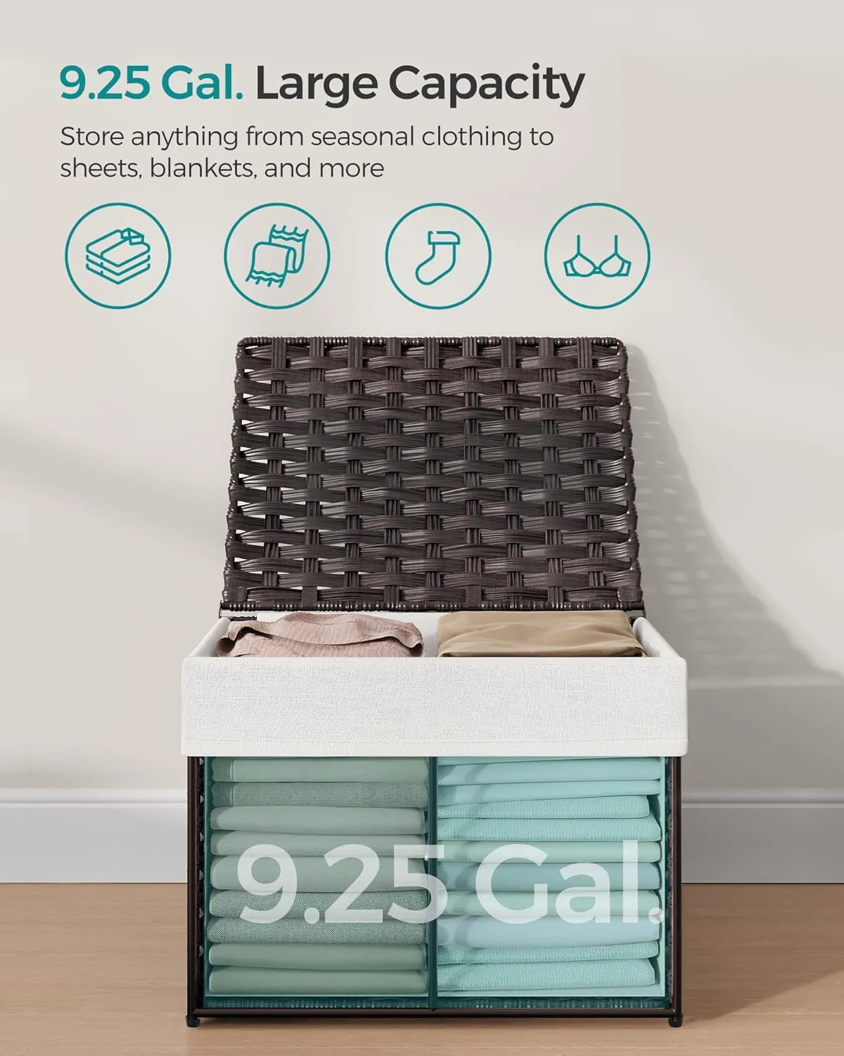 SONGMICS Storage Basket with Lid, 9.2 Gallon (35L) Storage Bin, Woven Blanket Storage Basket with Handles, Foldable, Removable Liner, Metal Frame, for Bedroom, Laundry Room, Brown URST040K01