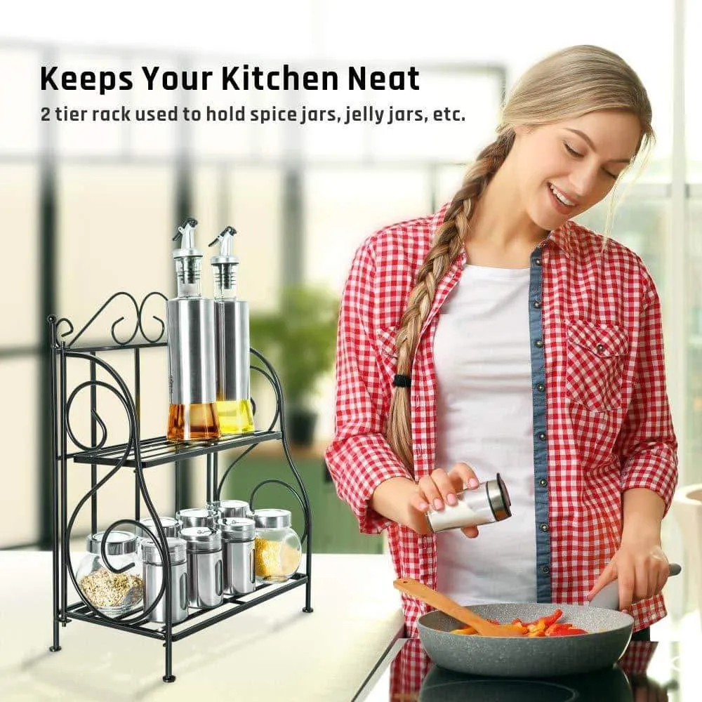 Spice Rack, iSPECLE 2-Tier Foldable Shelf Rack Kitchen Bathroom Countertop, 2-Tier Standing Storage Organizer Spice Jars Bottle Shelf Holder Rack -Black