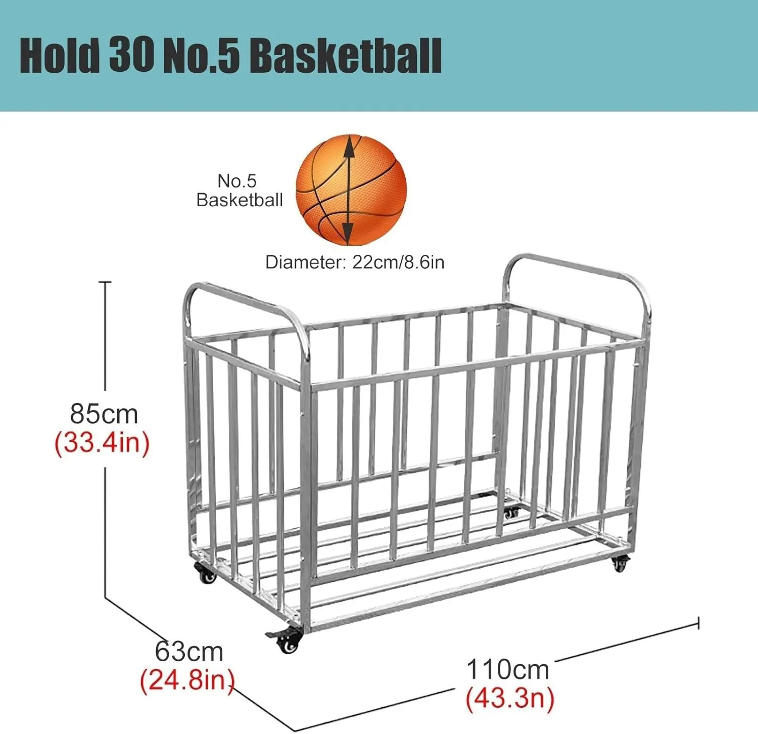 Sports Ball Storage Stand Ball Storage Garage Organizer Rolling Basketball Cart with Wheels, Outdoor Waterproof Ball Bin Sports Equipment Rack Stand for School/Church,No Lid-110x63x85cm