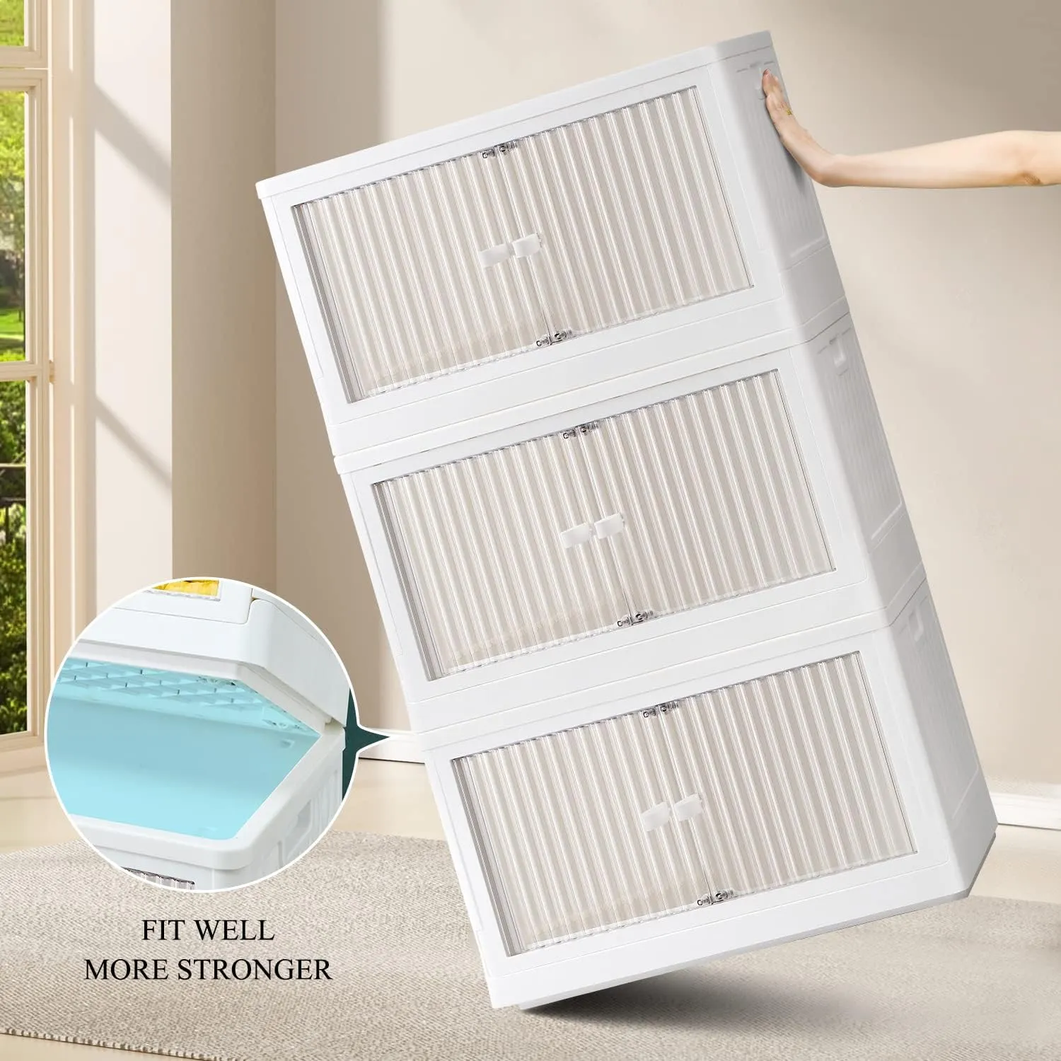 Stackable Storage Bins with Lids Set 3 Pack,19 Gal Clear Plastic Folding Storage Box with Wheel,Large Foldable Collapsible Bin Open Front Door,Closet Organizer for Dormroom Clothes,White