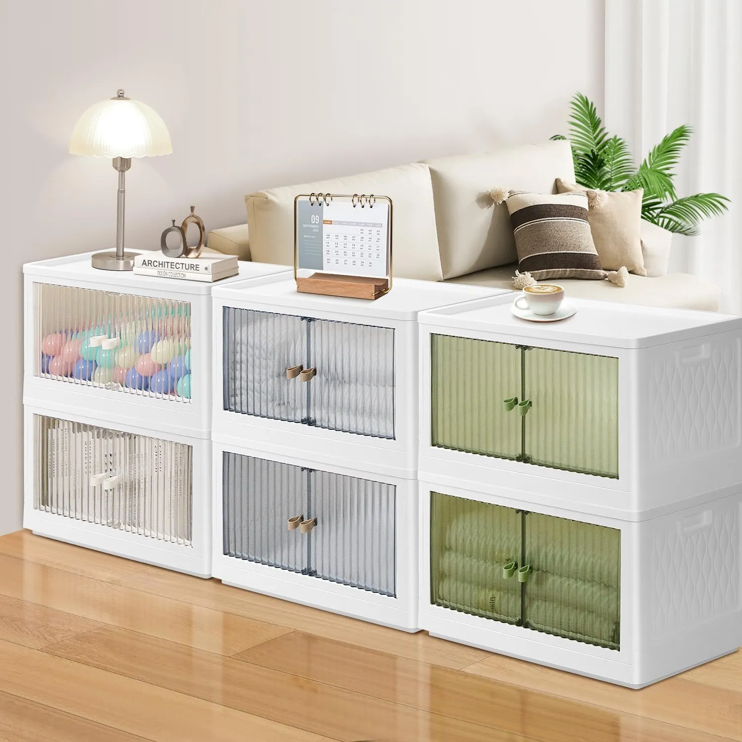 Stackable Storage Bins with Lids Set 3 Pack,19 Gal Clear Plastic Folding Storage Box with Wheel,Large Foldable Collapsible Bin Open Front Door,Closet Organizer for Dormroom Clothes,White