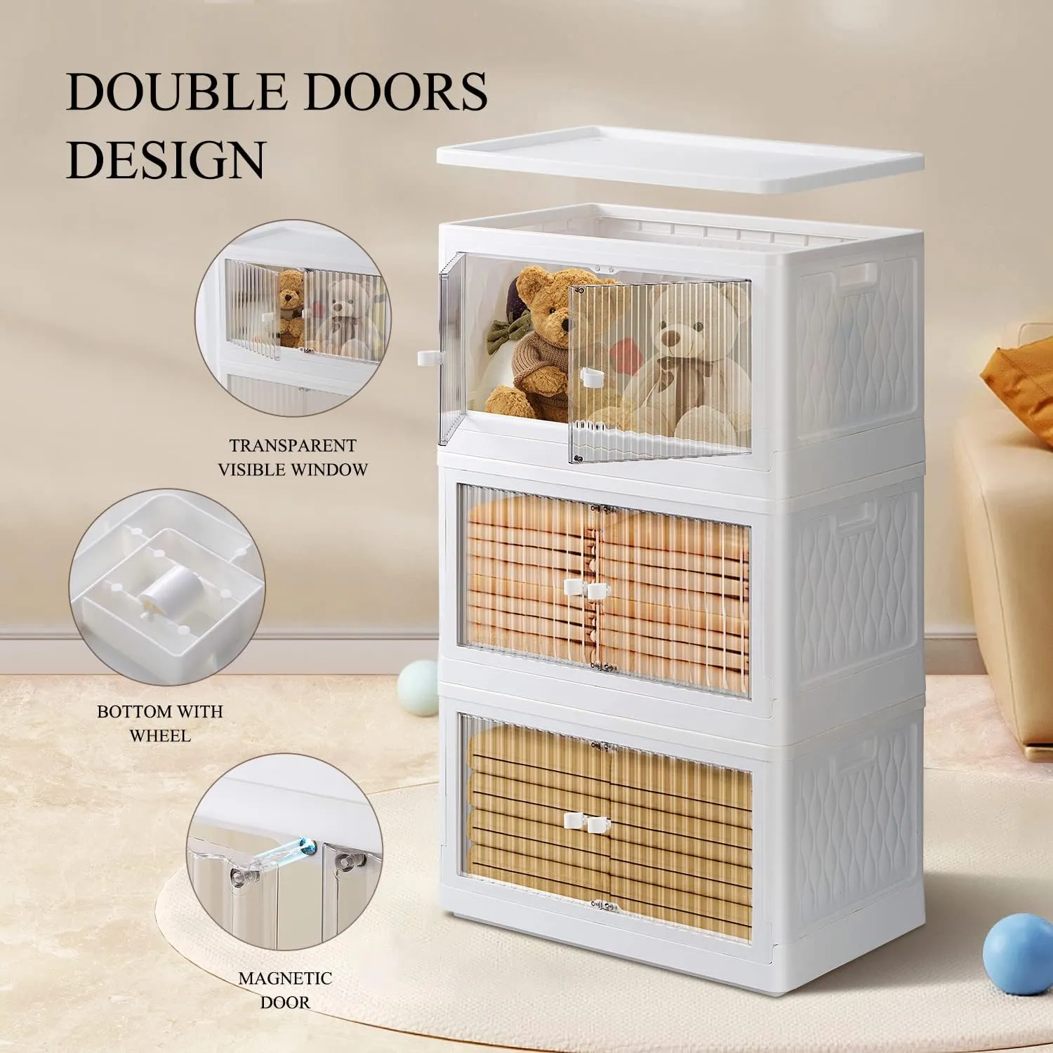 Stackable Storage Bins with Lids Set 3 Pack,19 Gal Clear Plastic Folding Storage Box with Wheel,Large Foldable Collapsible Bin Open Front Door,Closet Organizer for Dormroom Clothes,White