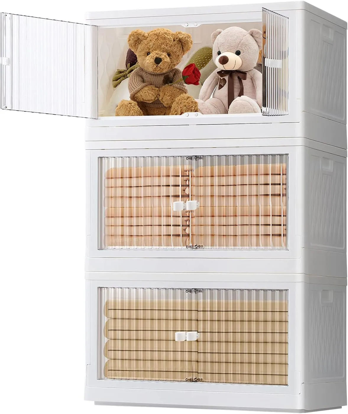Stackable Storage Bins with Lids Set 3 Pack,19 Gal Clear Plastic Folding Storage Box with Wheel,Large Foldable Collapsible Bin Open Front Door,Closet Organizer for Dormroom Clothes,White