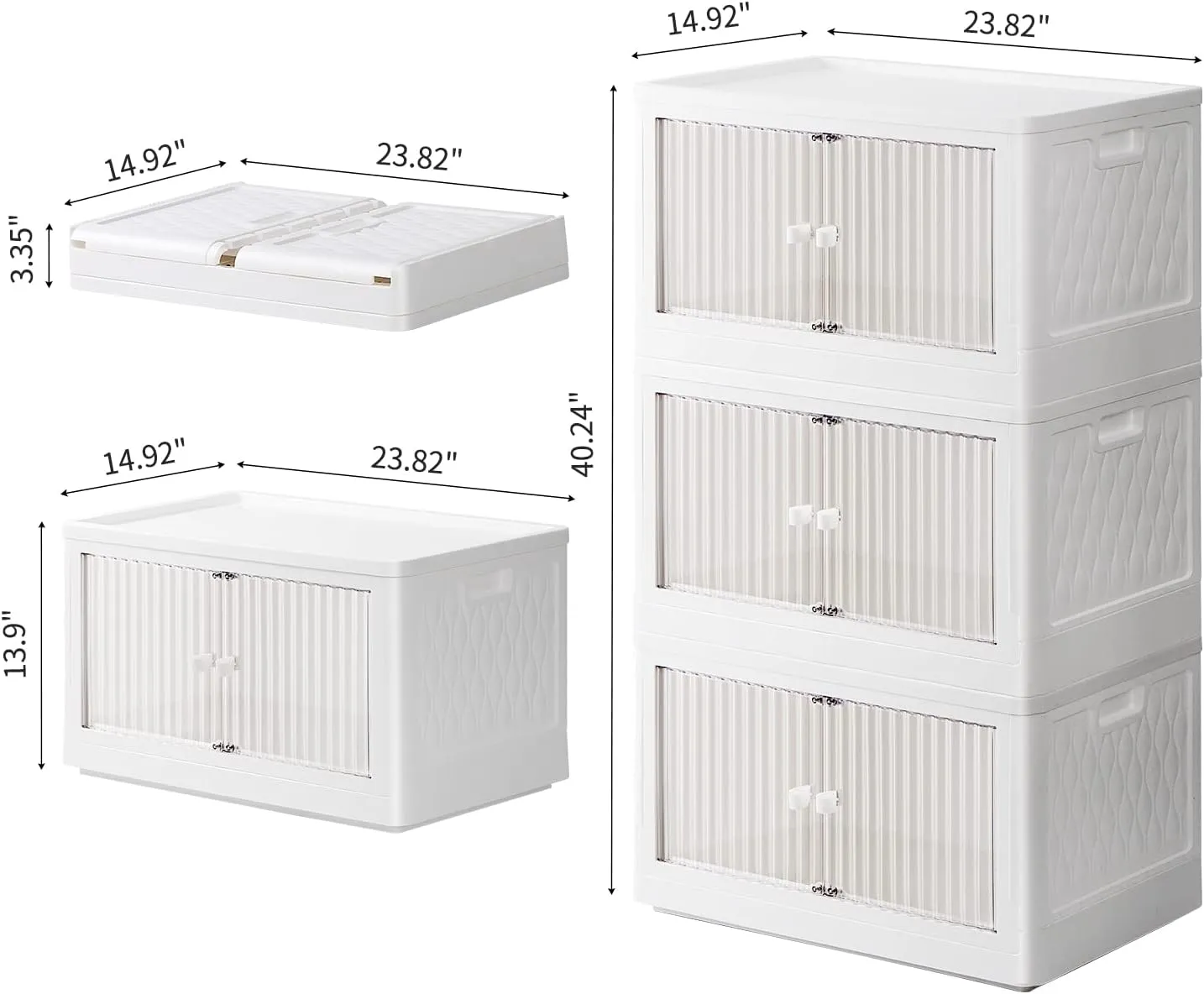 Stackable Storage Bins with Lids Set 3 Pack,19 Gal Clear Plastic Folding Storage Box with Wheel,Large Foldable Collapsible Bin Open Front Door,Closet Organizer for Dormroom Clothes,White