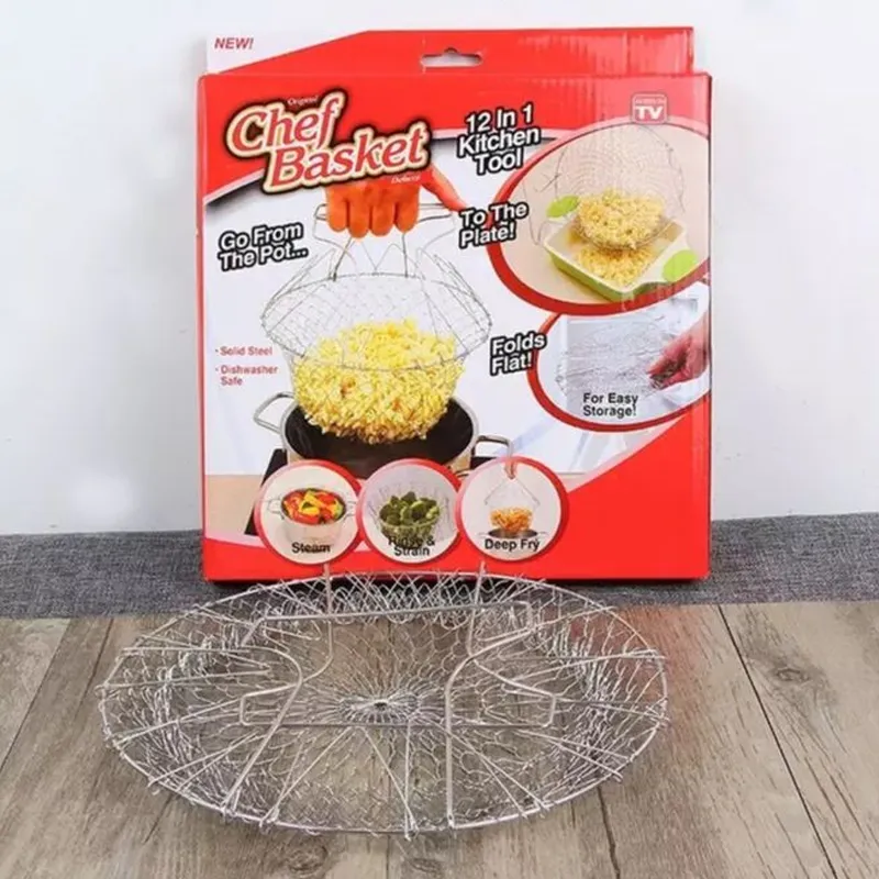 Stainless Steel Chef Basket Foldable Strainer for Vegetable Frying Boiling Steam