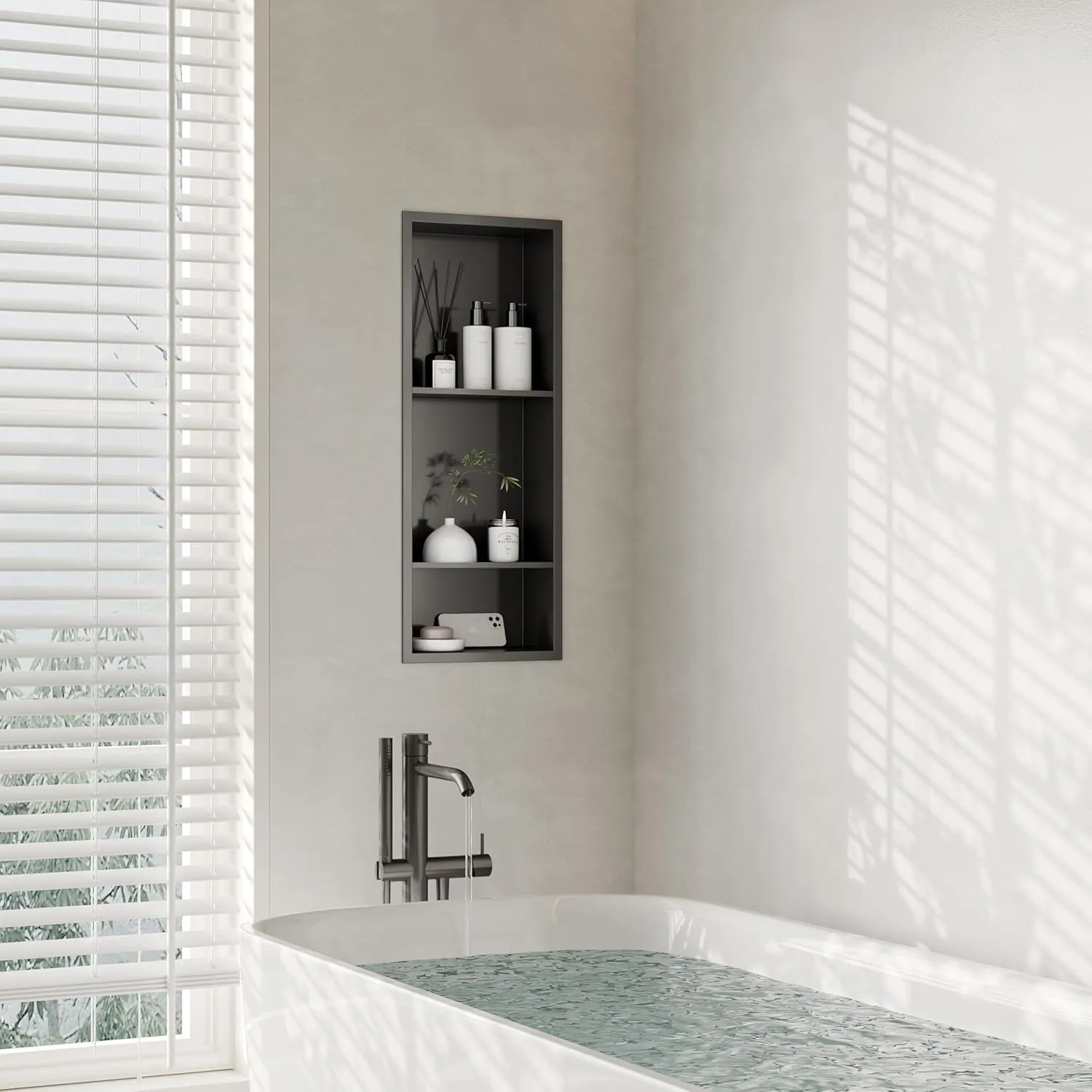 Stainless Steel Shower Niche 12" X 29", No Tile Needed Wall Niche Three-Tier Shower Niche Shelf, Recessed Niche Shower for Bathroom Storage, Gun Metal