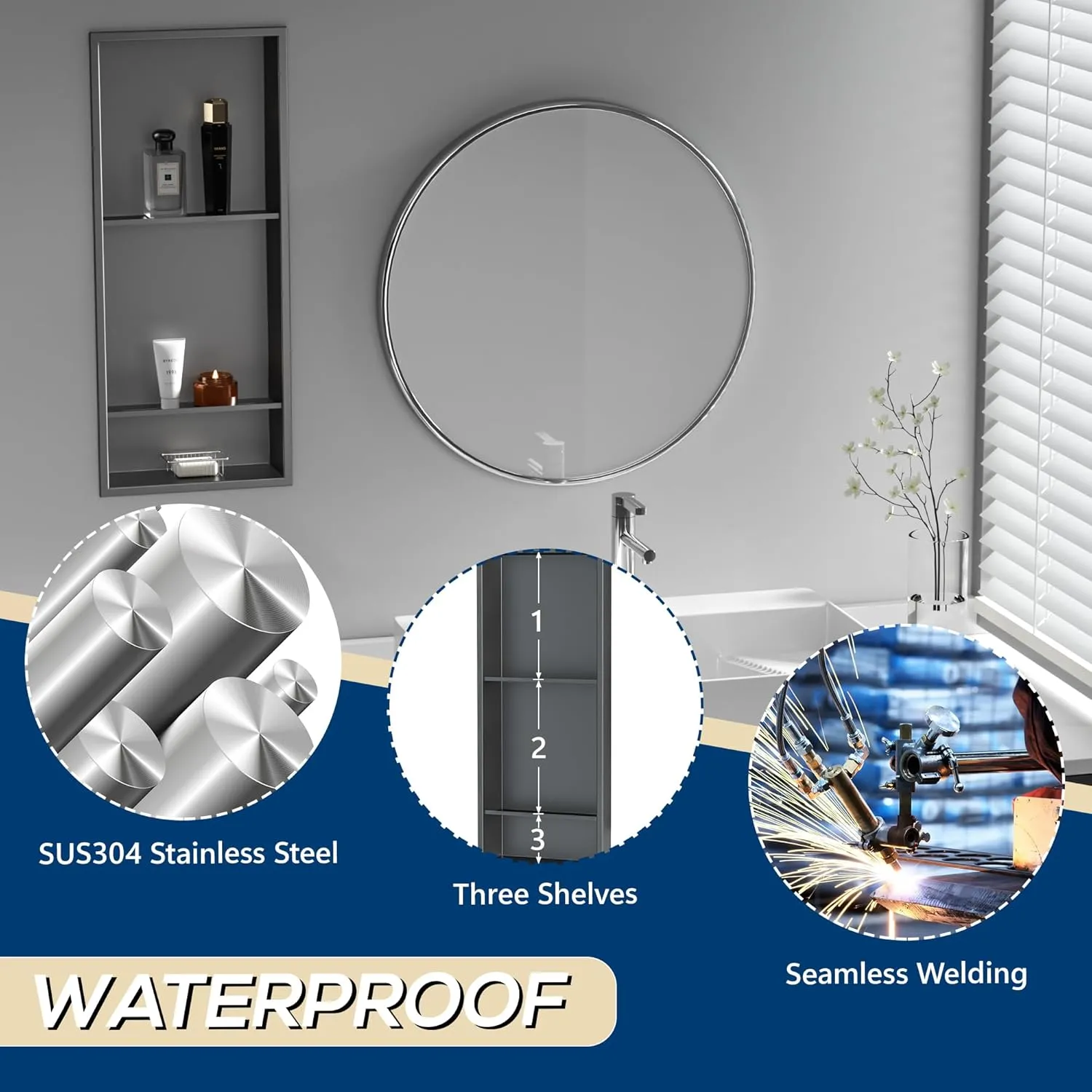 Stainless Steel Shower Niche 12" X 29", No Tile Needed Wall Niche Three-Tier Shower Niche Shelf, Recessed Niche Shower for Bathroom Storage, Gun Metal